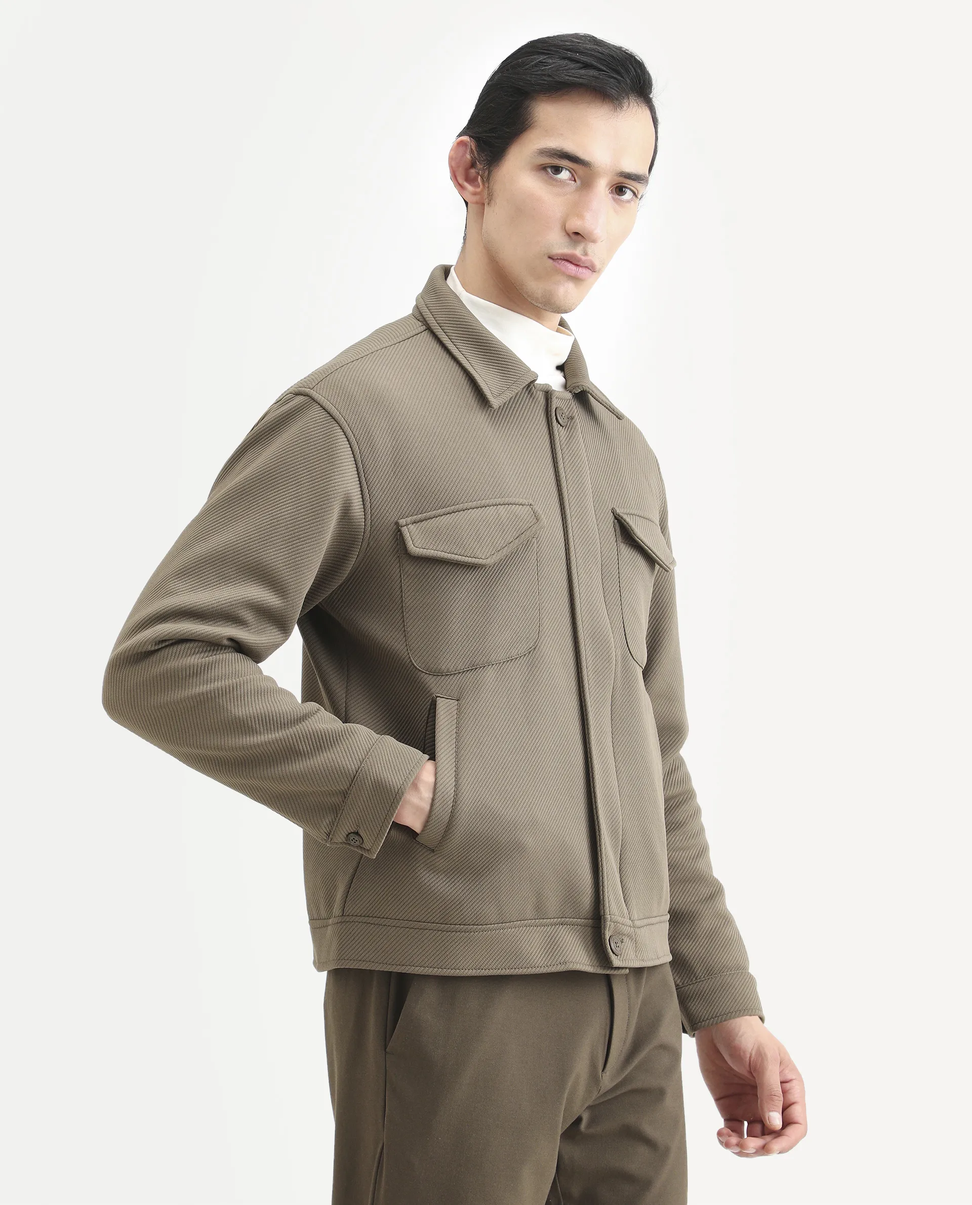 Rare Rabbit Men's Mapis Olive Polyester Plain Regular Fit Full Sleeve Curved Collar Jacket - Image 6