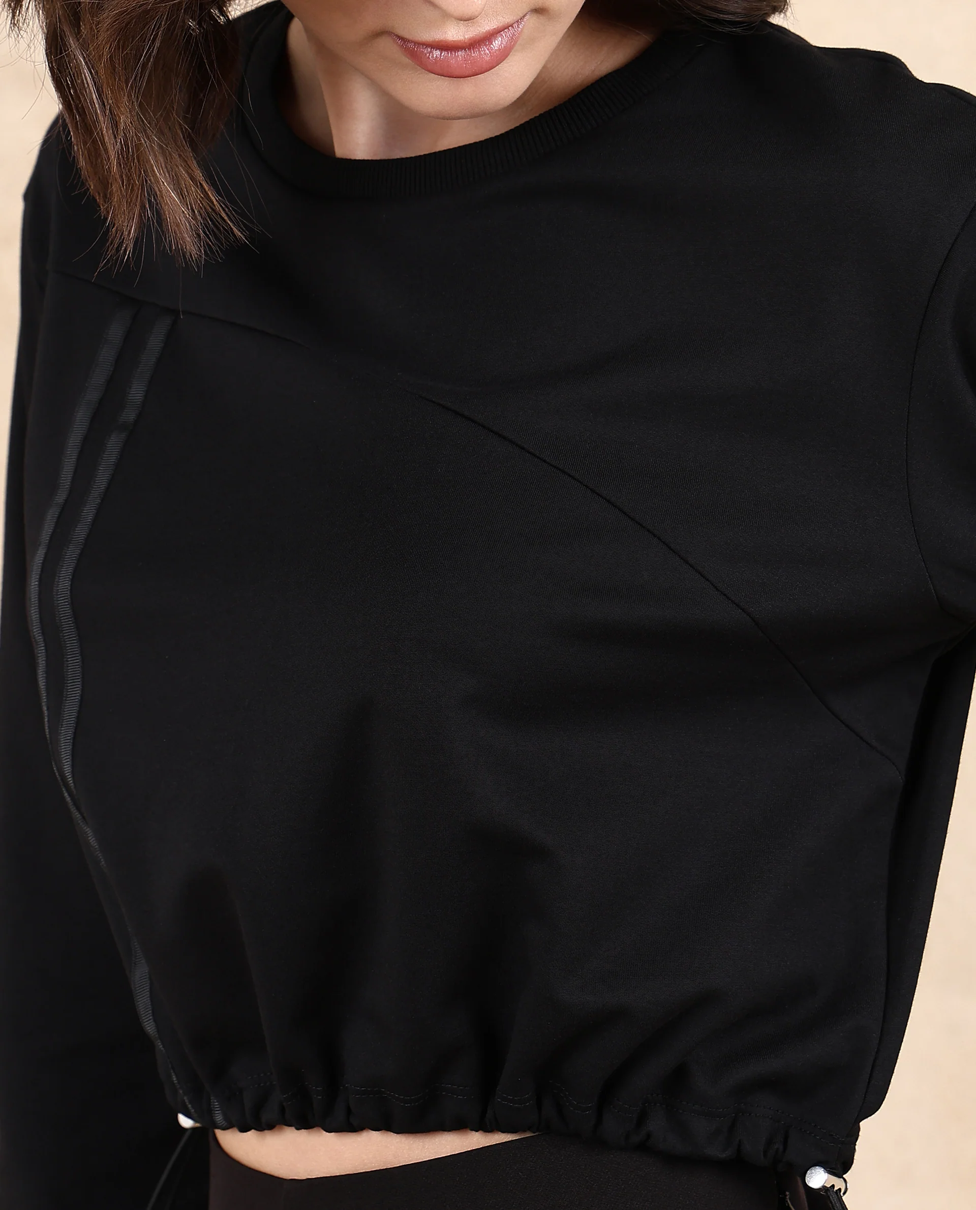 Rareism Women's Maple Black Cotton Blend Crew Neck Plain Crop Relaxed Fit Sweatshirt - Image 3