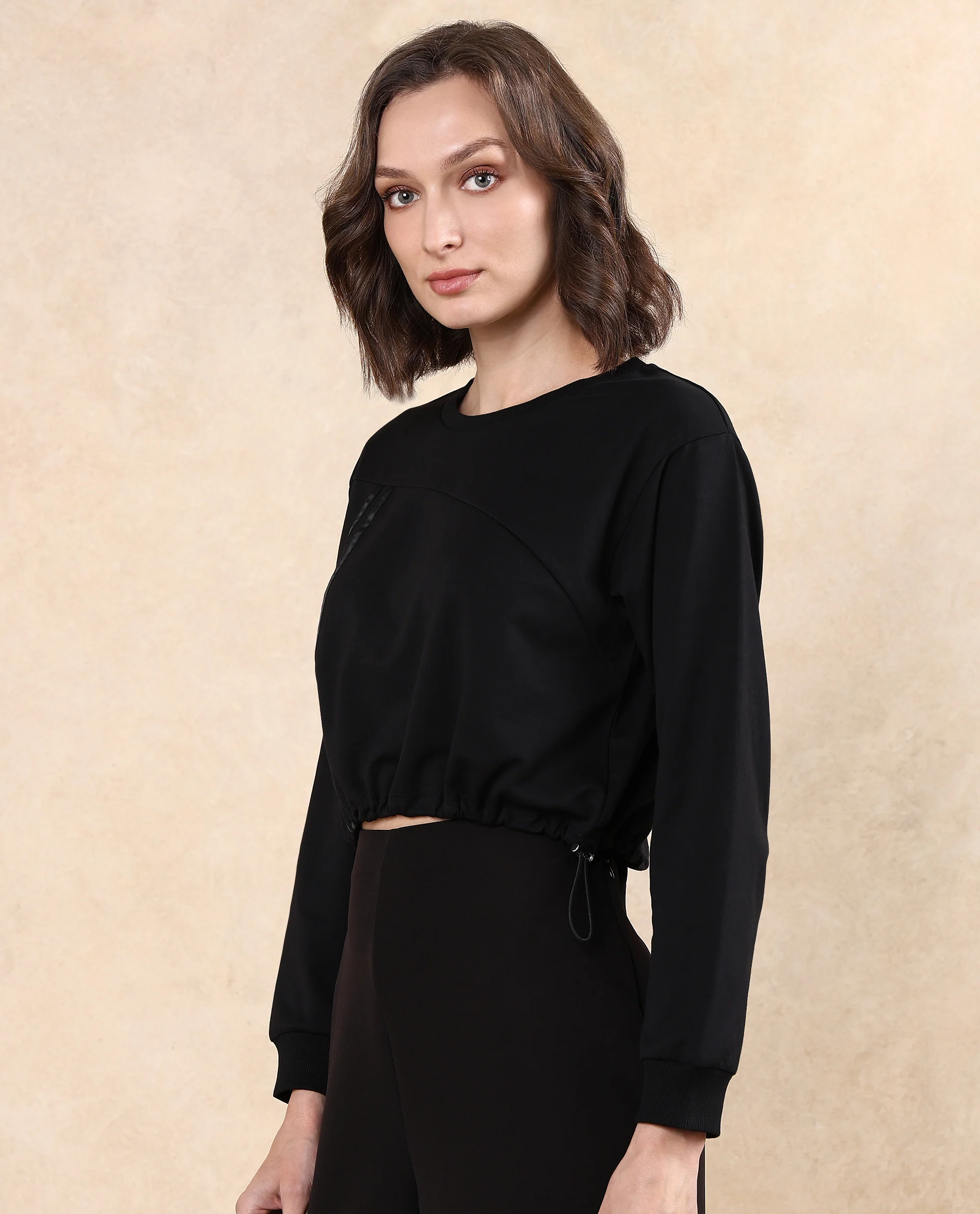 Rareism Women's Maple Black Cotton Blend Crew Neck Plain Crop Relaxed Fit Sweatshirt - Image 4