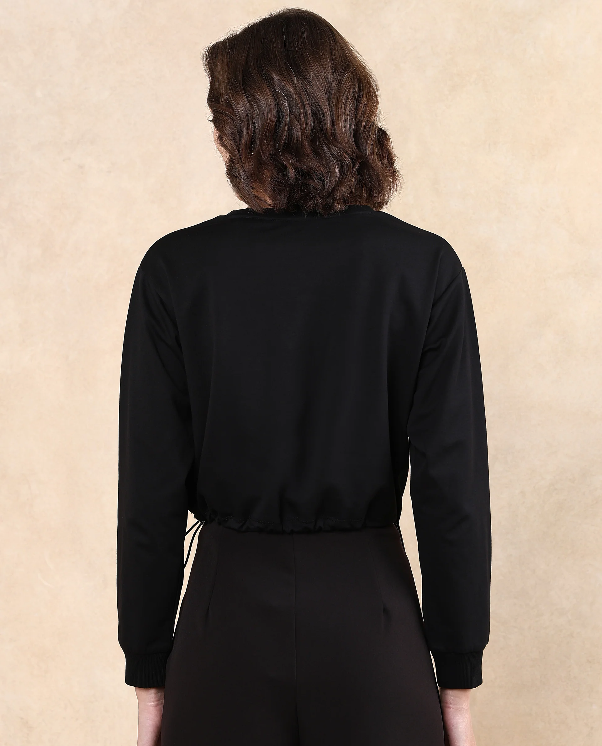 Rareism Women's Maple Black Cotton Blend Crew Neck Plain Crop Relaxed Fit Sweatshirt - Image 6