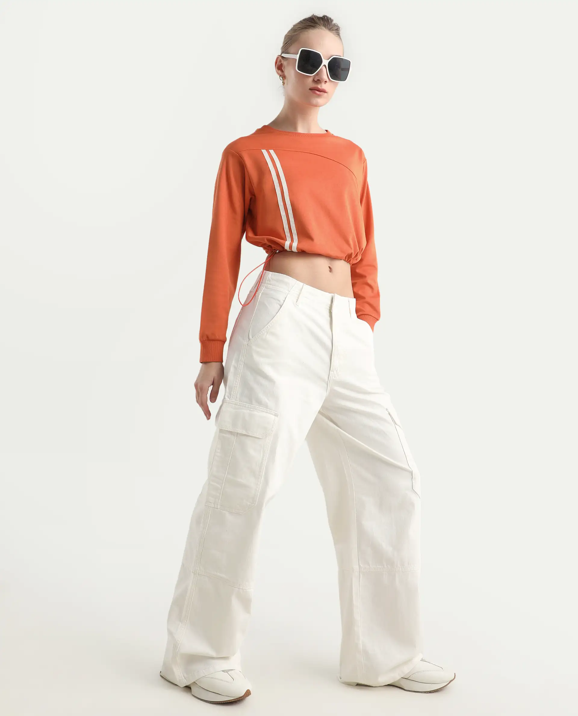 Rareism Women's Maple Dark Orange Cotton Blend Crew Neck Plain Crop Relaxed Fit Sweatshirt - Image 2