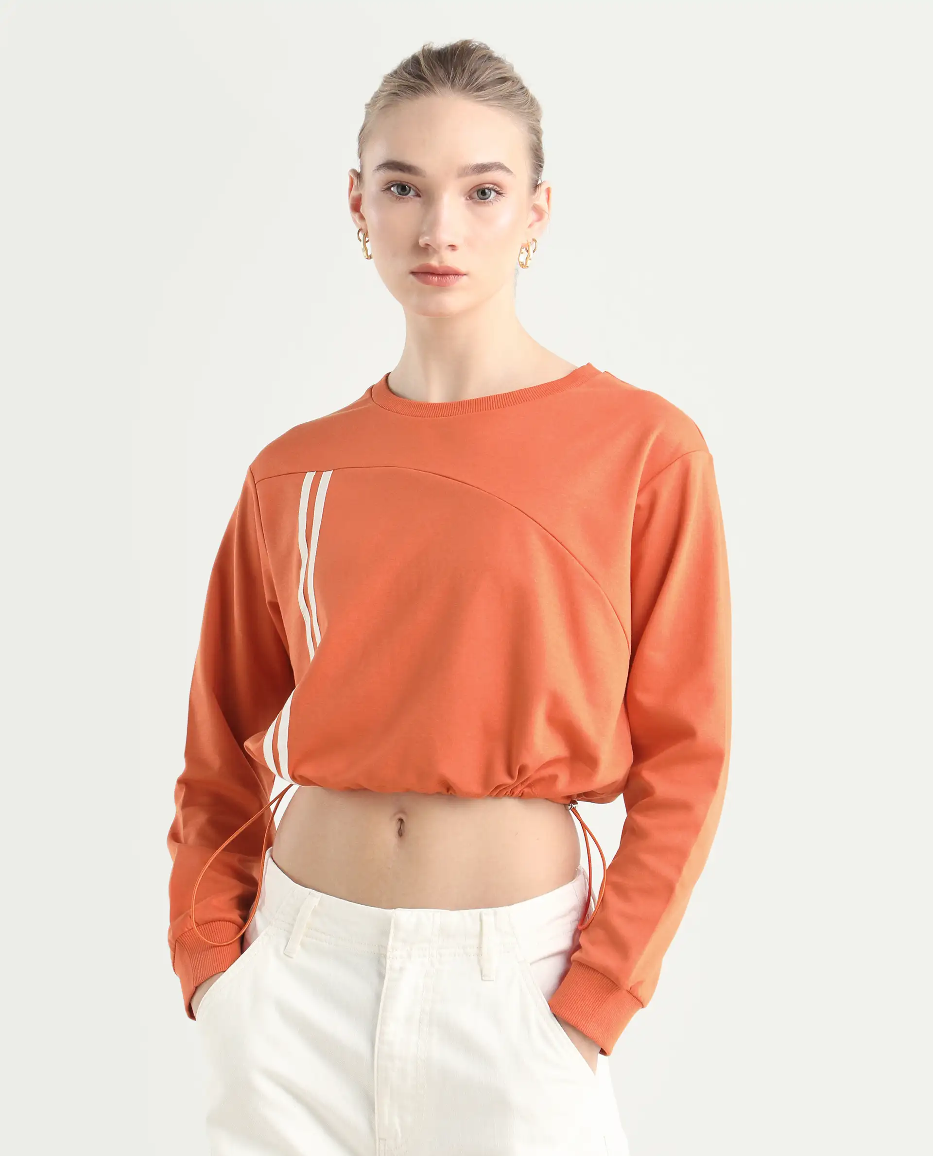 Rareism Women's Maple Dark Orange Cotton Blend Crew Neck Plain Crop Relaxed Fit Sweatshirt - Image 3