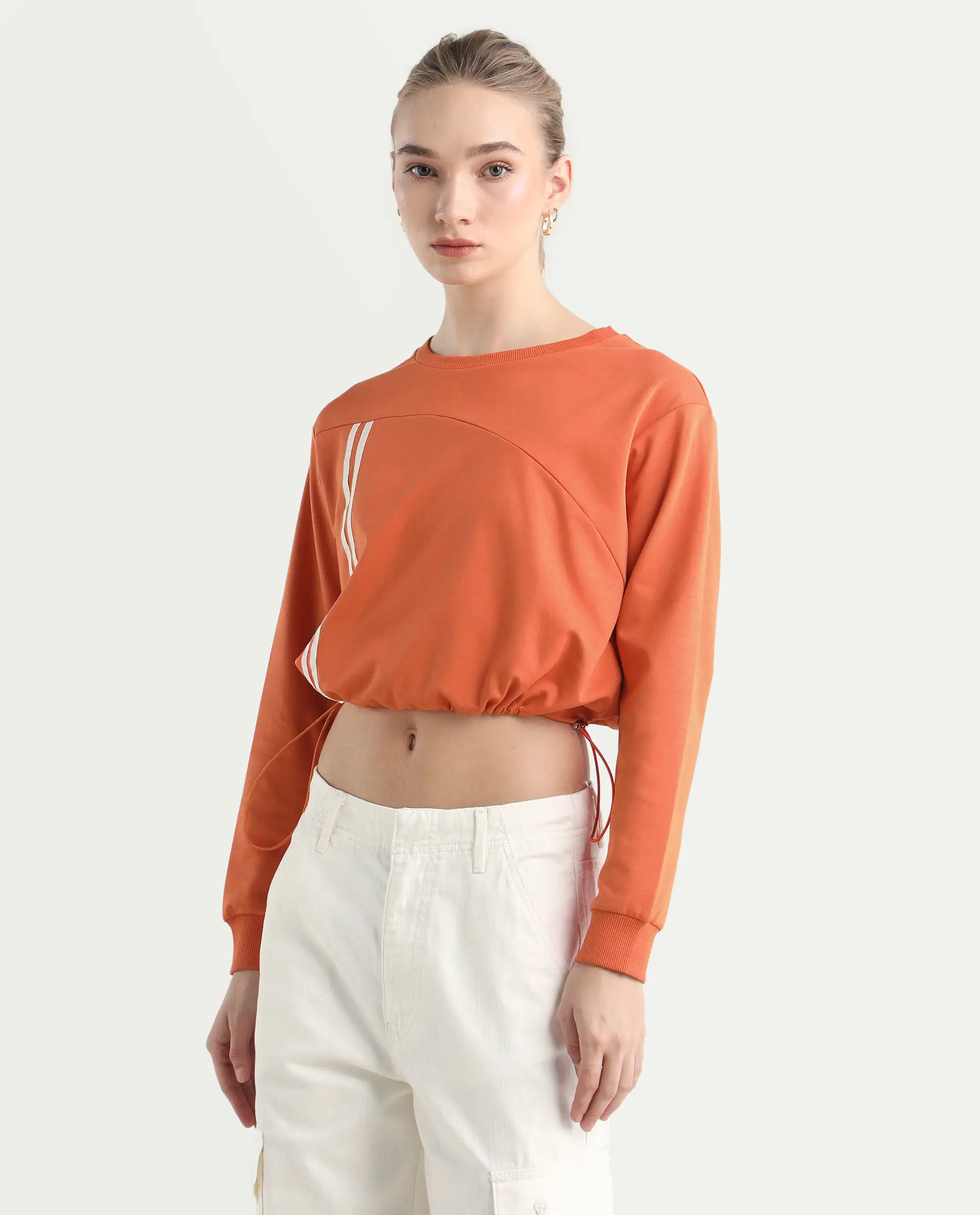 Rareism Women's Maple Dark Orange Cotton Blend Crew Neck Plain Crop Relaxed Fit Sweatshirt - Image 5