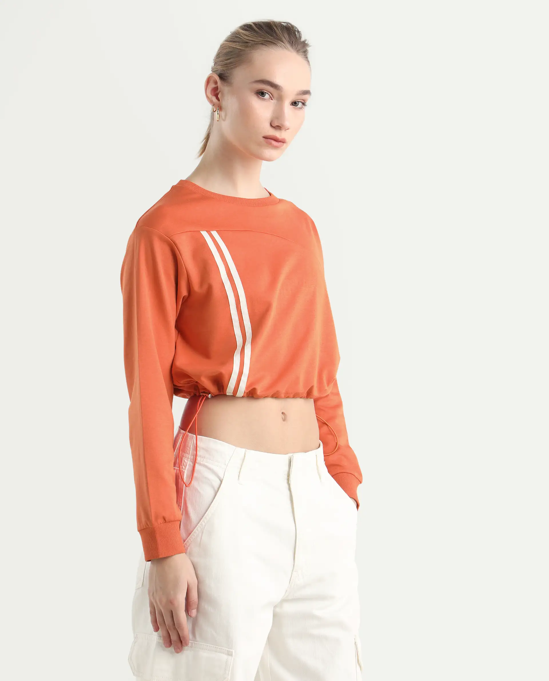 Rareism Women's Maple Dark Orange Cotton Blend Crew Neck Plain Crop Relaxed Fit Sweatshirt - Image 6