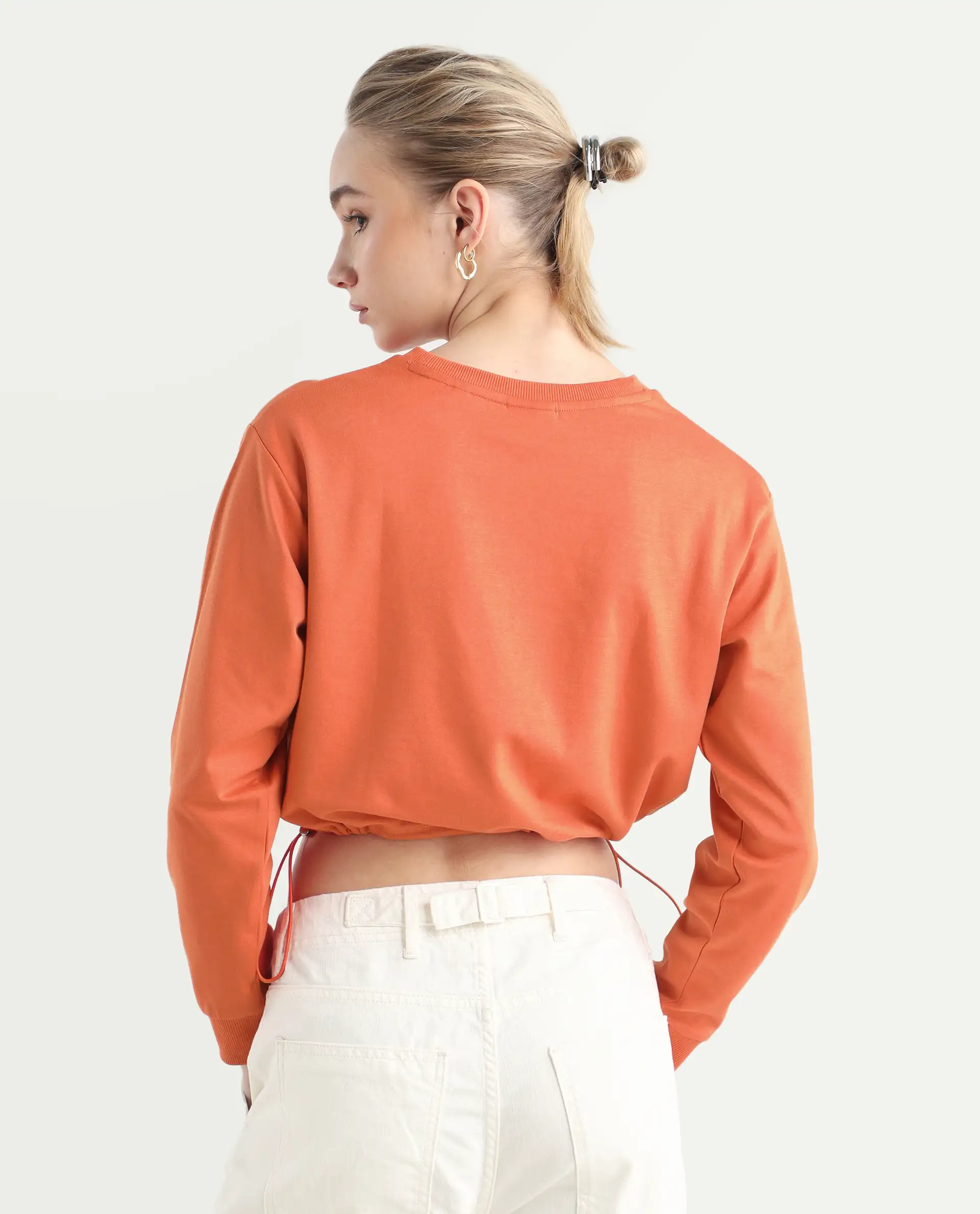 Rareism Women's Maple Dark Orange Cotton Blend Crew Neck Plain Crop Relaxed Fit Sweatshirt - Image 7