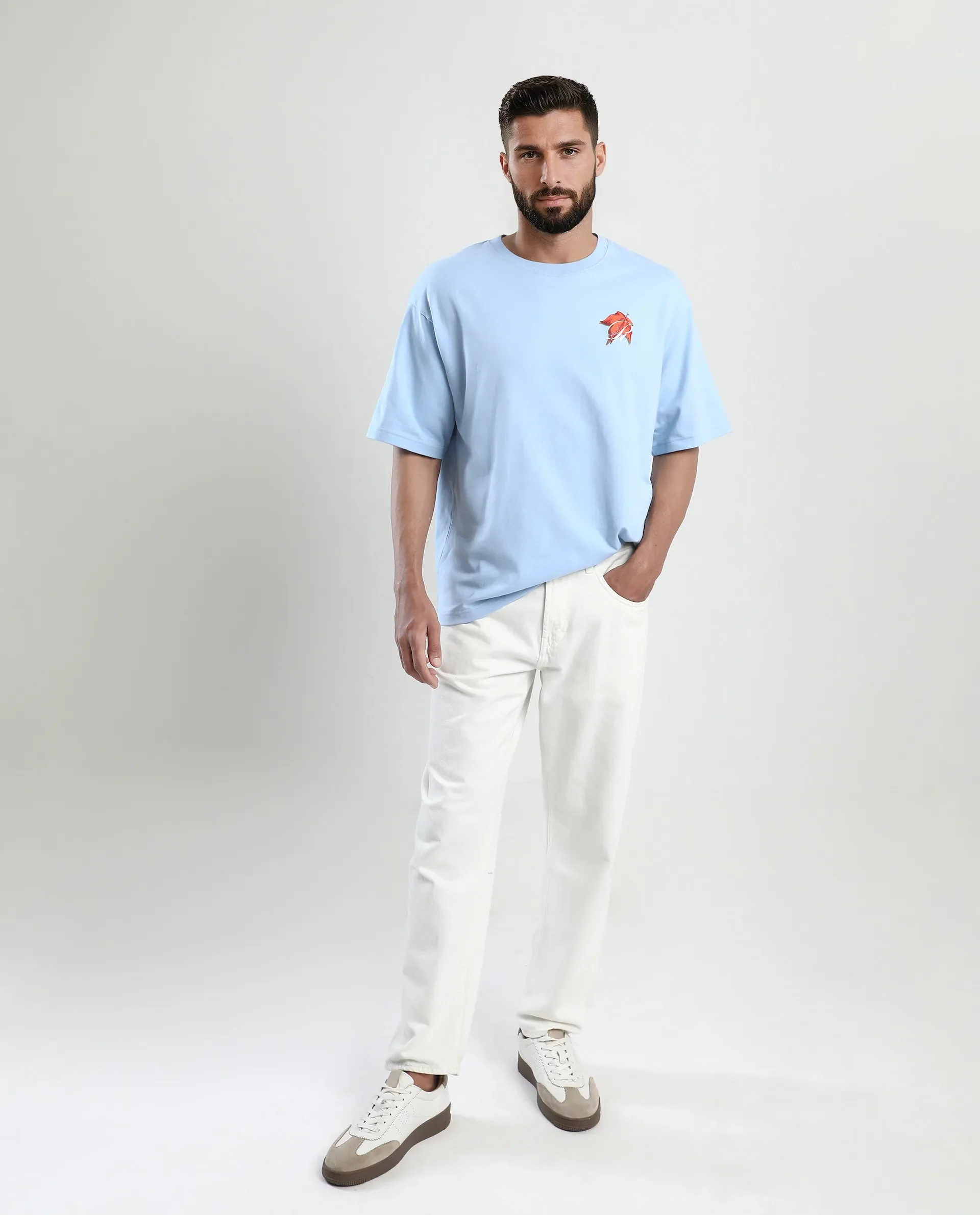 Rare Rabbit Men's Mapler Blue Cotton Graphic Print Oversized Fit Half Sleeve Crew Neck T-Shirt - Image 2