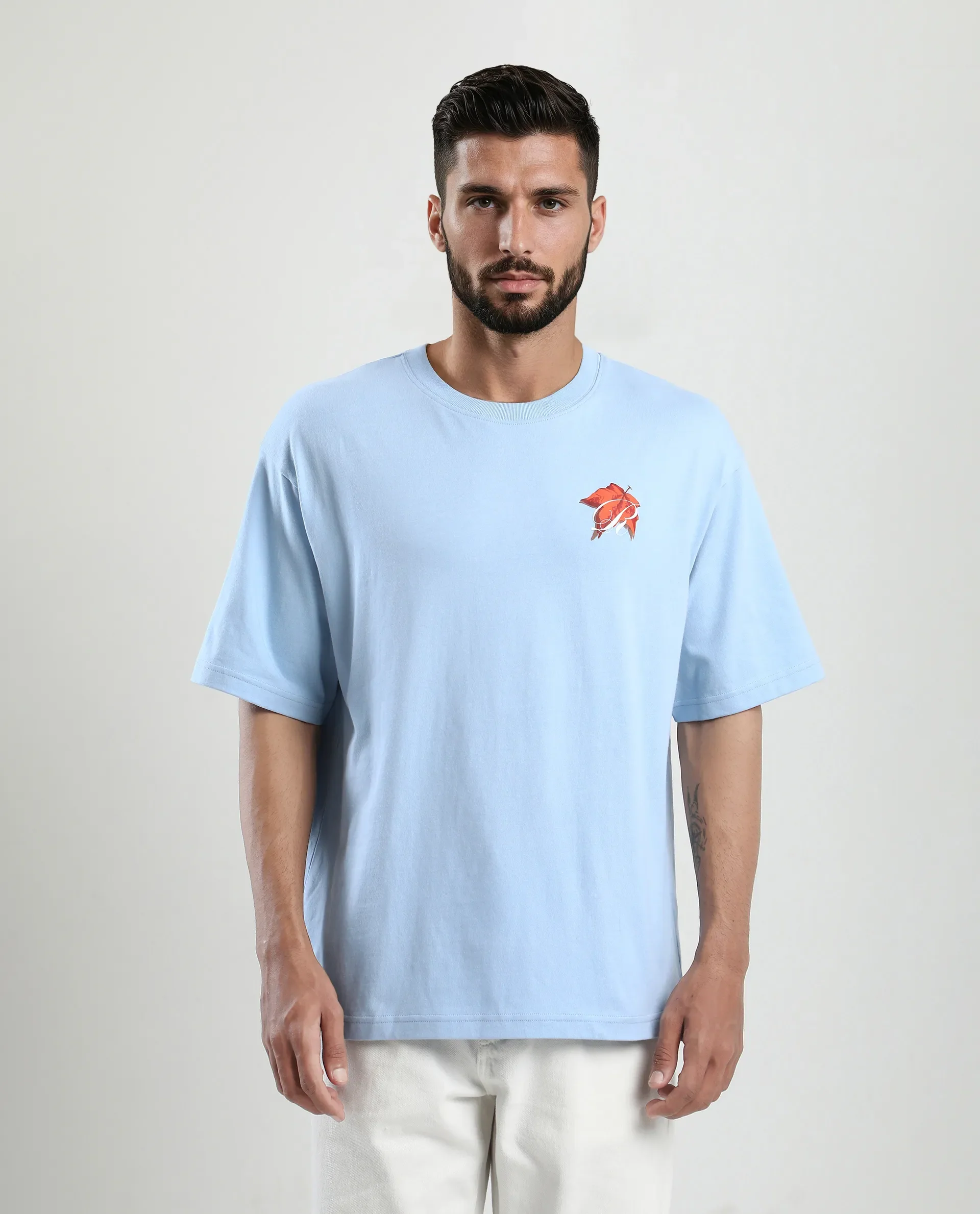 Rare Rabbit Men's Mapler Blue Cotton Graphic Print Oversized Fit Half Sleeve Crew Neck T-Shirt - Image 4