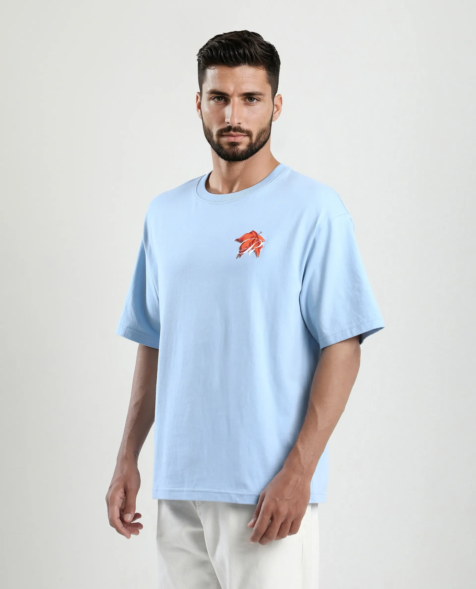 Rare Rabbit Men's Mapler Blue Cotton Graphic Print Oversized Fit Half Sleeve Crew Neck T-Shirt - Image 5