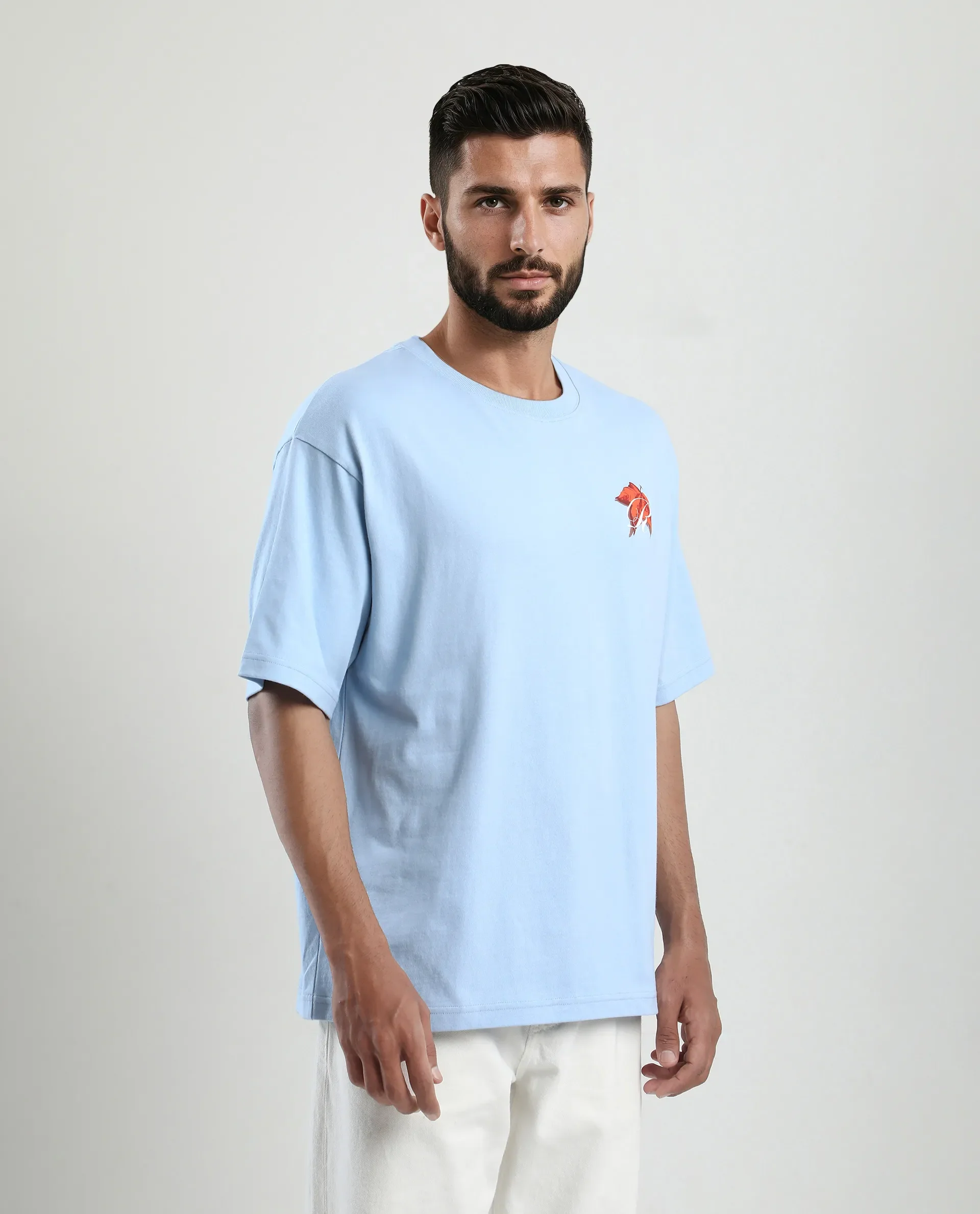 Rare Rabbit Men's Mapler Blue Cotton Graphic Print Oversized Fit Half Sleeve Crew Neck T-Shirt - Image 6
