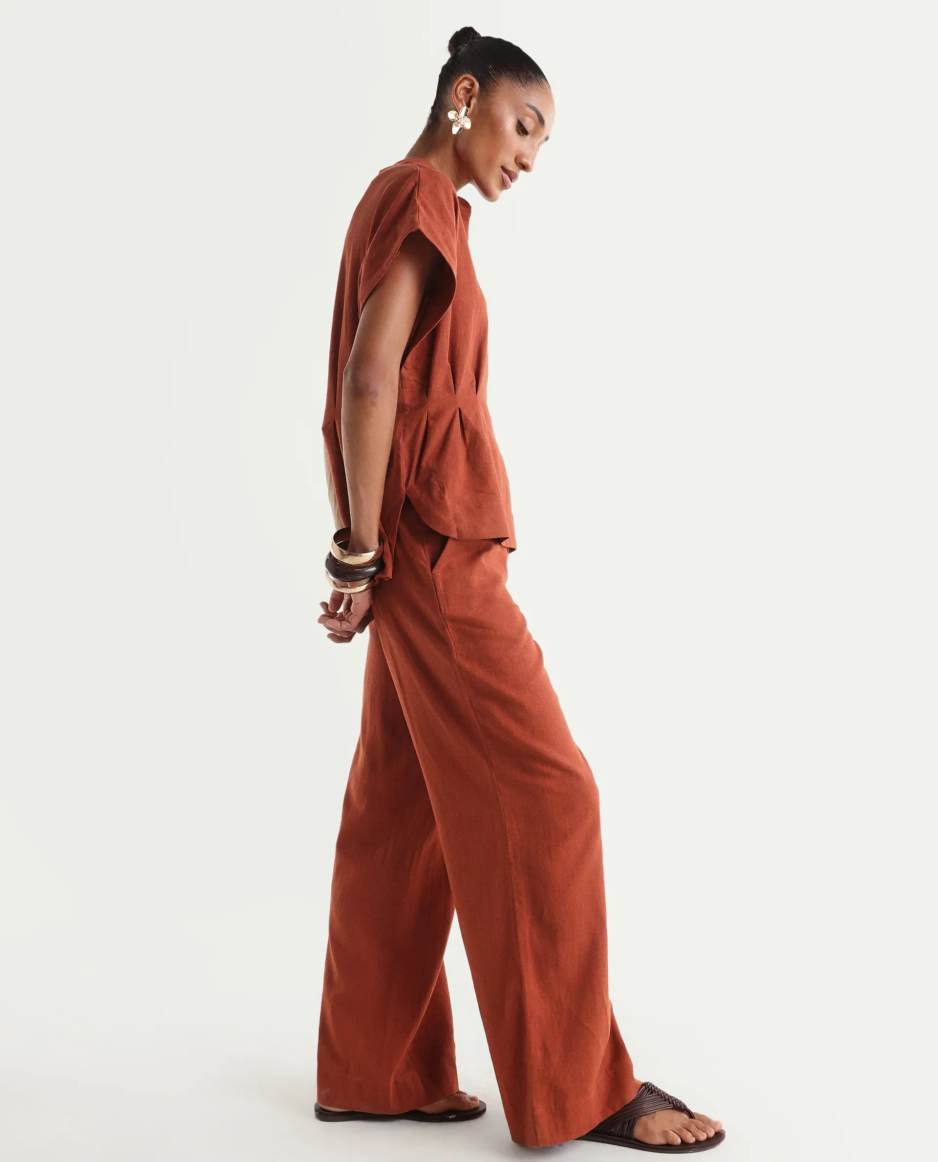 Rareism Women's Mappy-B Rust Linen Wide Plain Trouser - Image 5