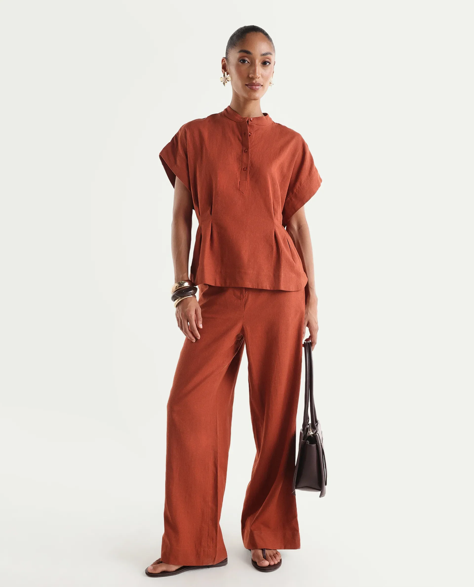 Rareism Women's Mappy-T Rust Linen Half Sleeve Mandarin Collar Relaxed Top - Image 2