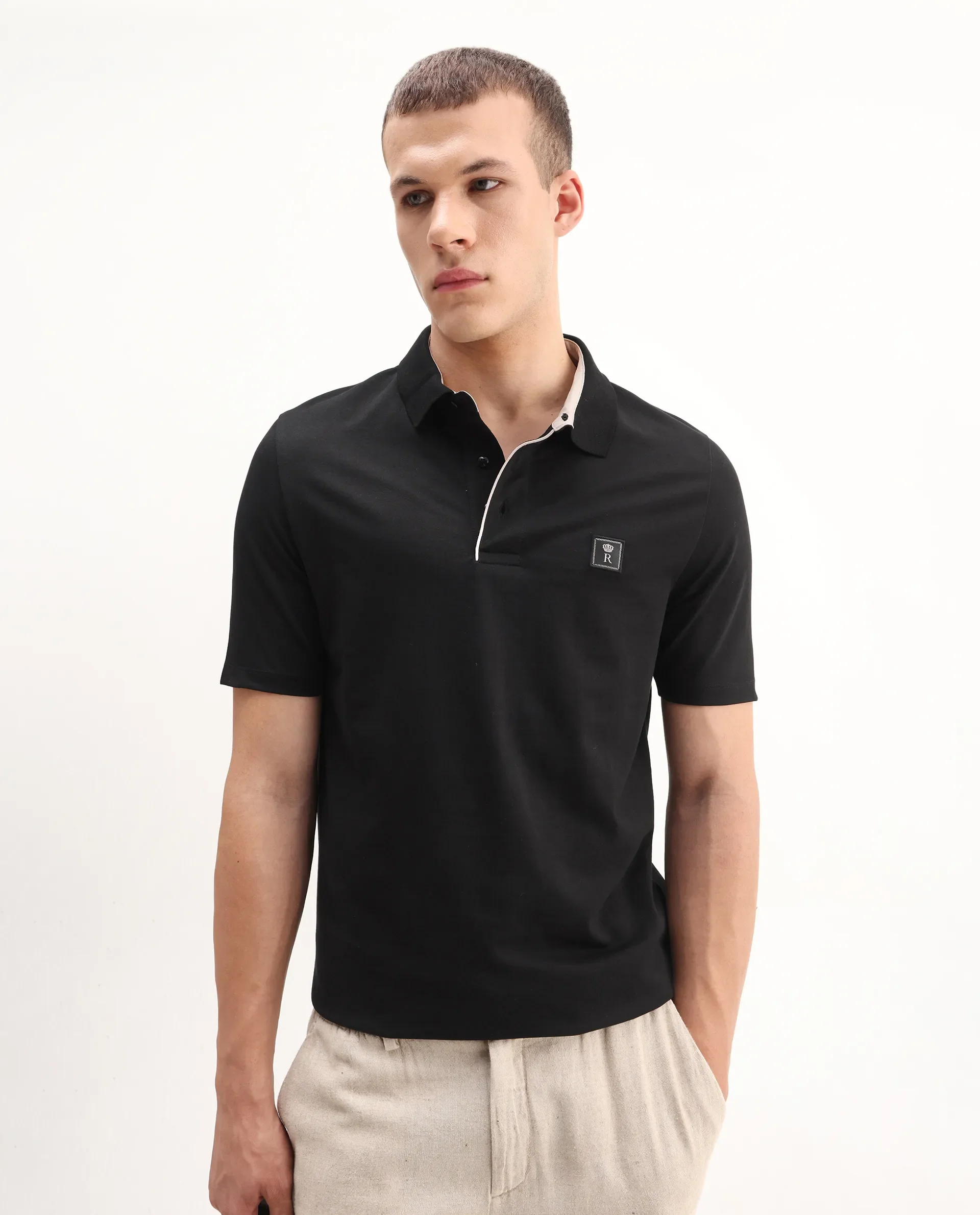 Rare Rabbit Men's Maq Black Cotton Plain Regular Fit Half Sleeve Polo