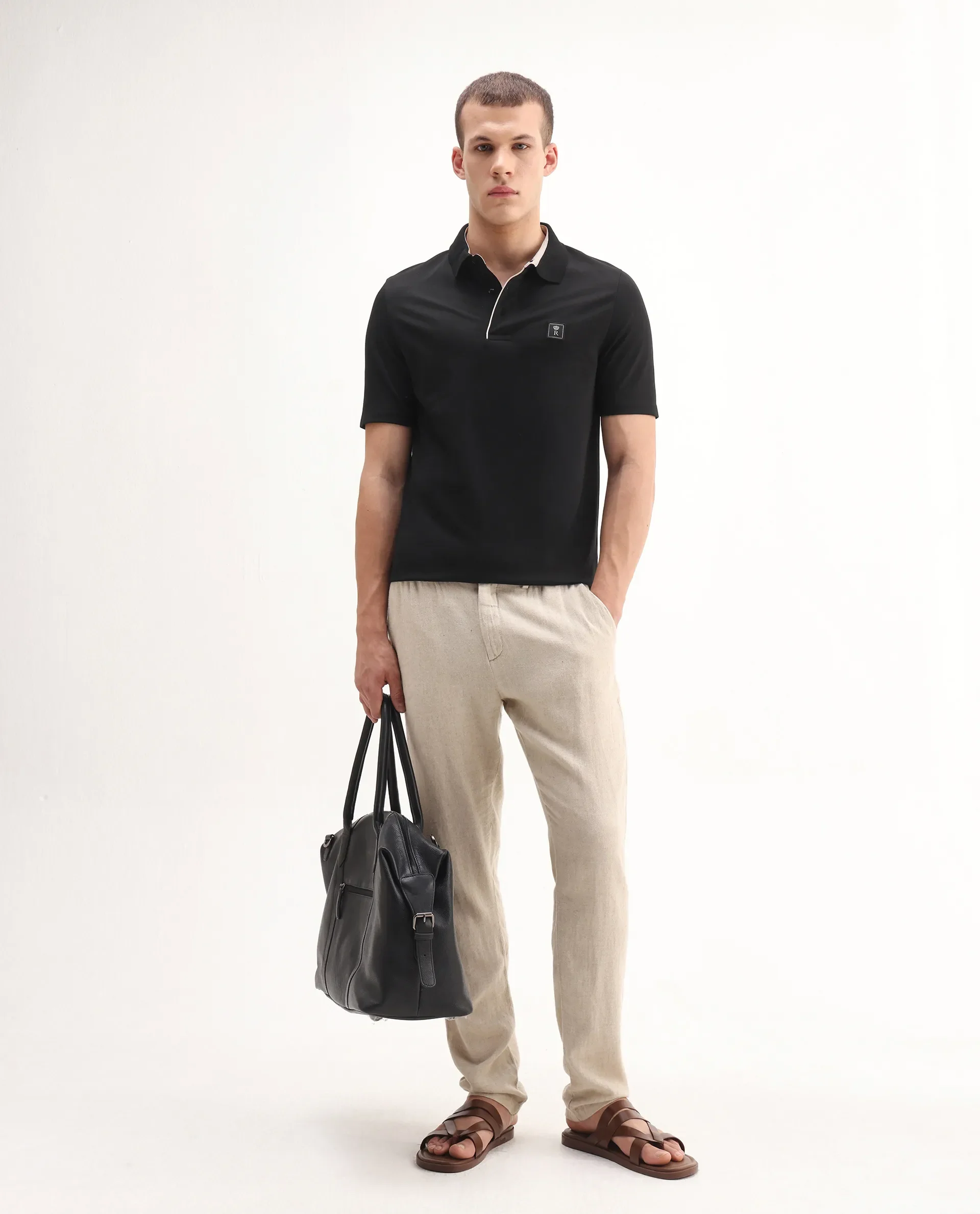 Rare Rabbit Men's Maq Black Cotton Plain Regular Fit Half Sleeve Polo - Image 2