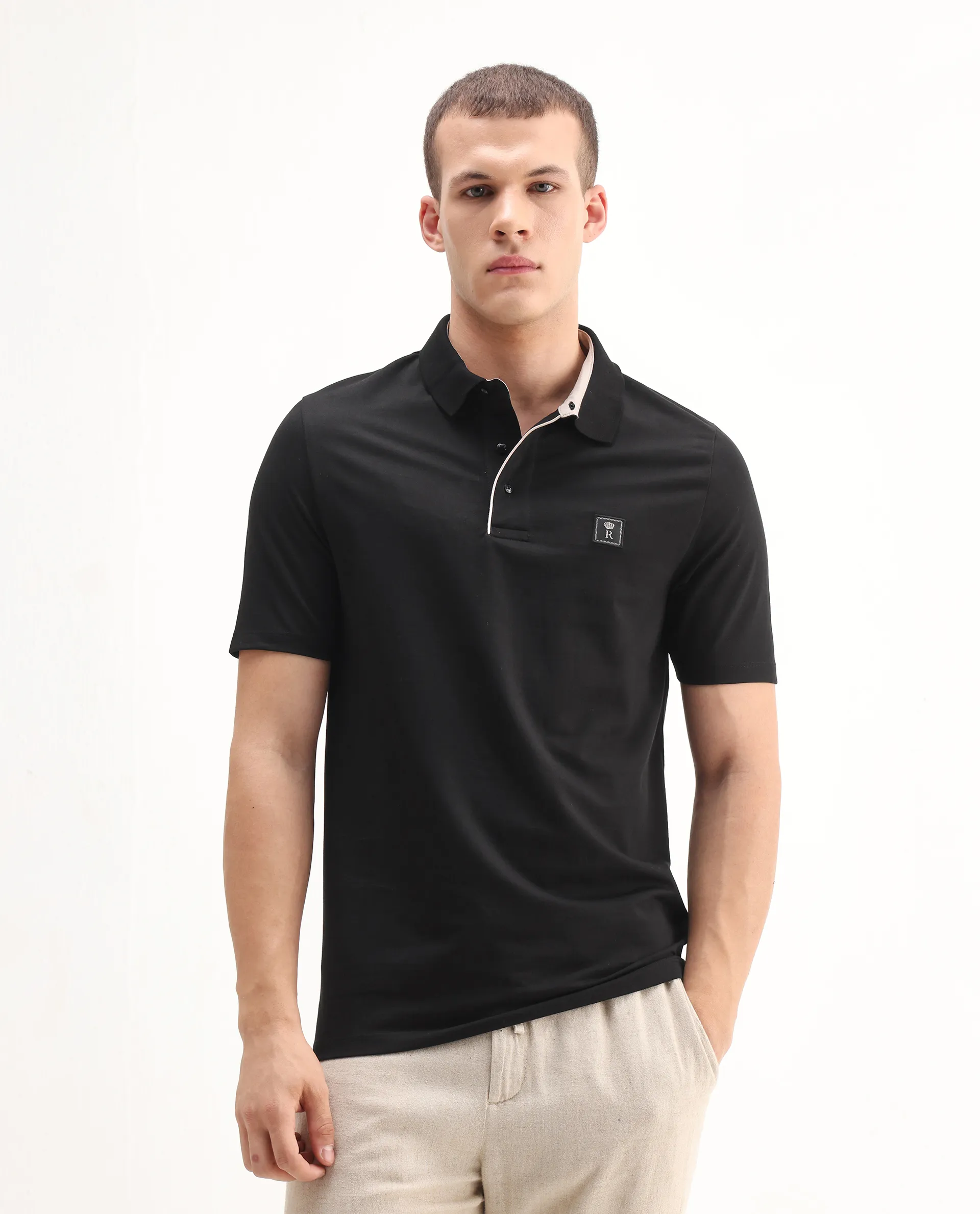 Rare Rabbit Men's Maq Black Cotton Plain Regular Fit Half Sleeve Polo - Image 4