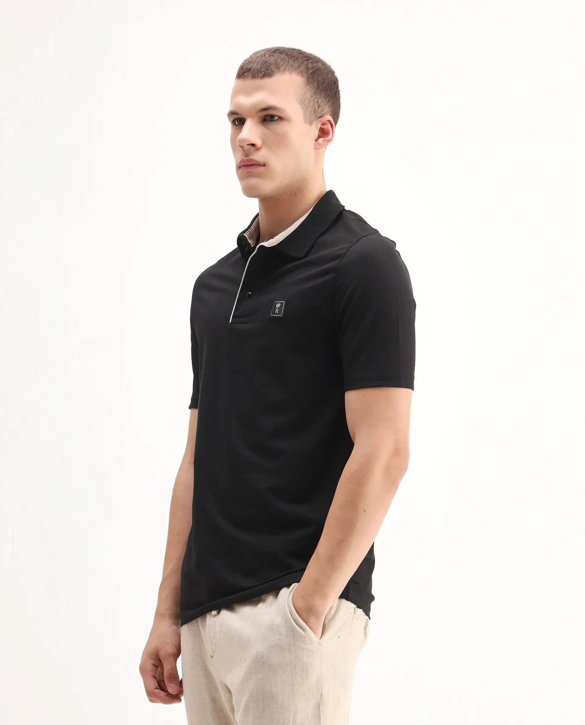 Rare Rabbit Men's Maq Black Cotton Plain Regular Fit Half Sleeve Polo - Image 5