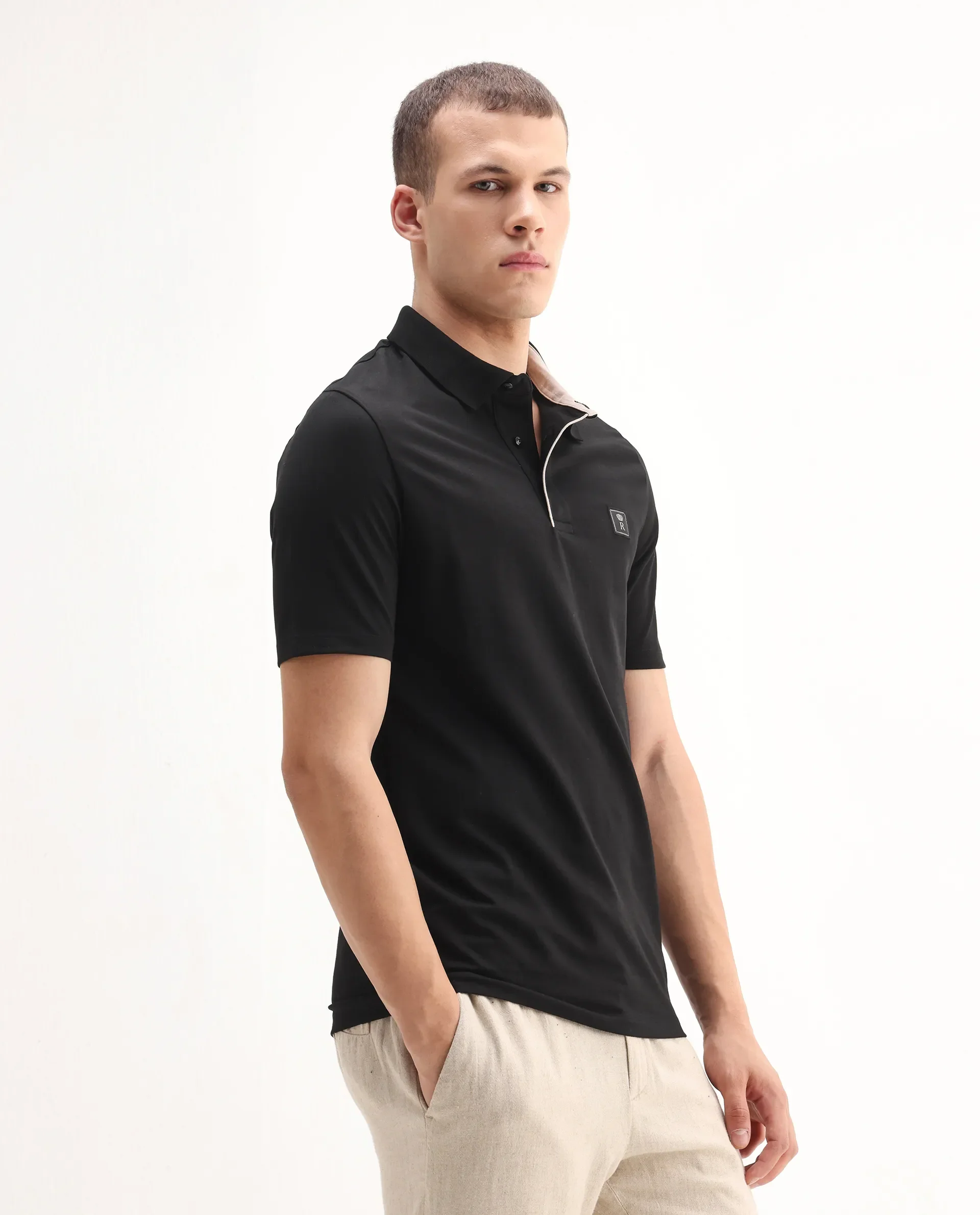 Rare Rabbit Men's Maq Black Cotton Plain Regular Fit Half Sleeve Polo - Image 6