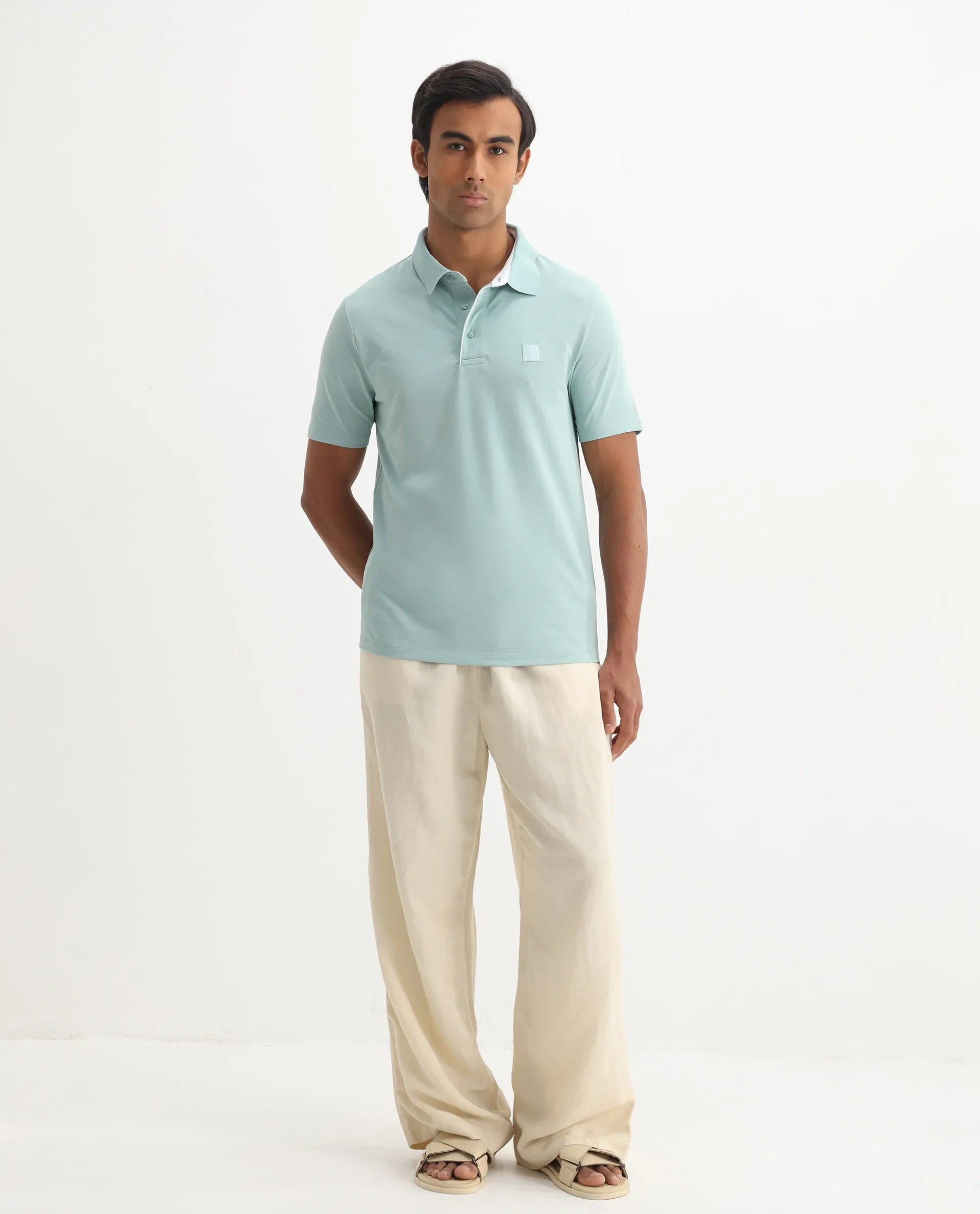 Rare Rabbit Men's Maq Light Turq Cotton Plain Regular Fit Half Sleeve Polo - Image 2