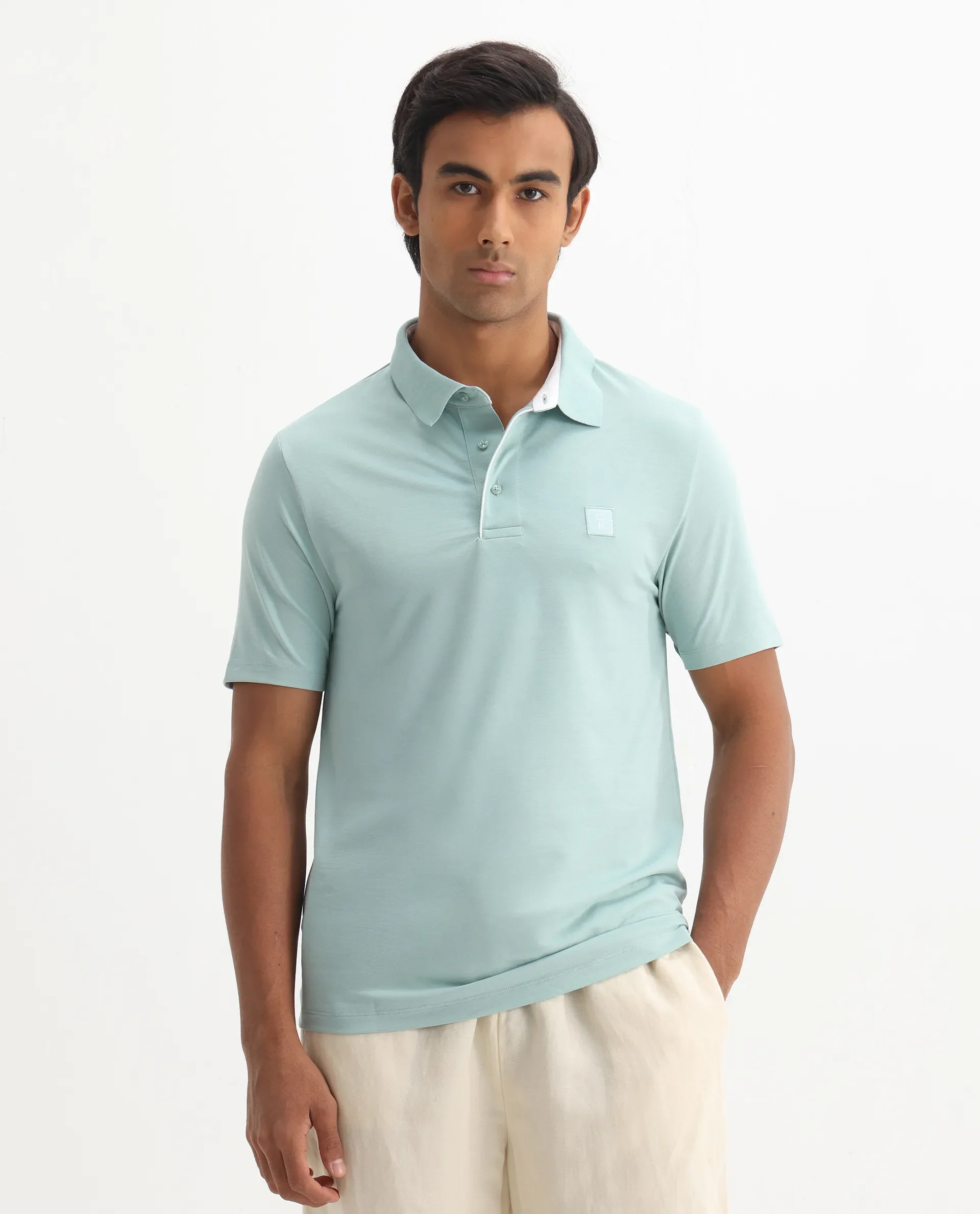 Rare Rabbit Men's Maq Light Turq Cotton Plain Regular Fit Half Sleeve Polo - Image 3