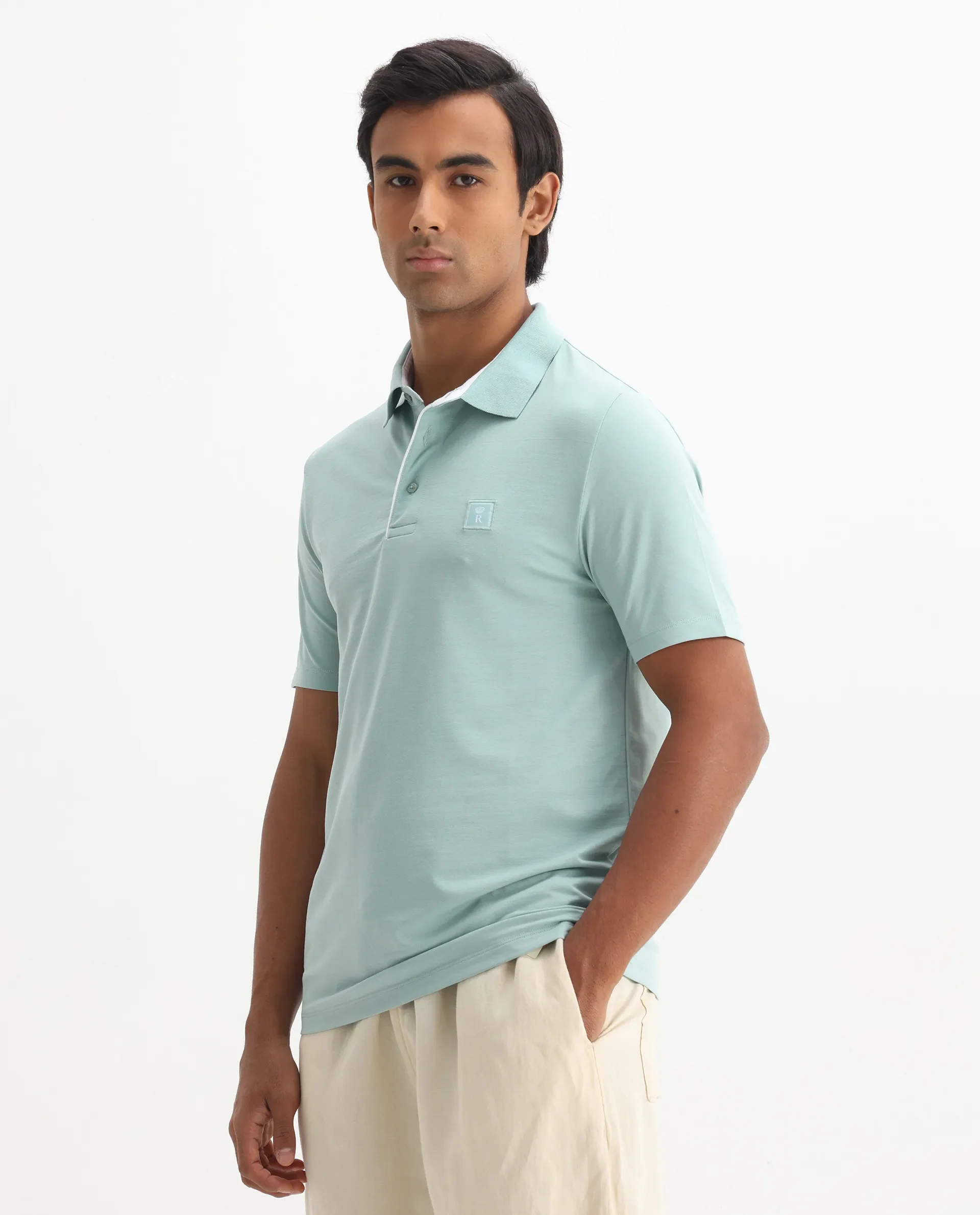 Rare Rabbit Men's Maq Light Turq Cotton Plain Regular Fit Half Sleeve Polo - Image 7