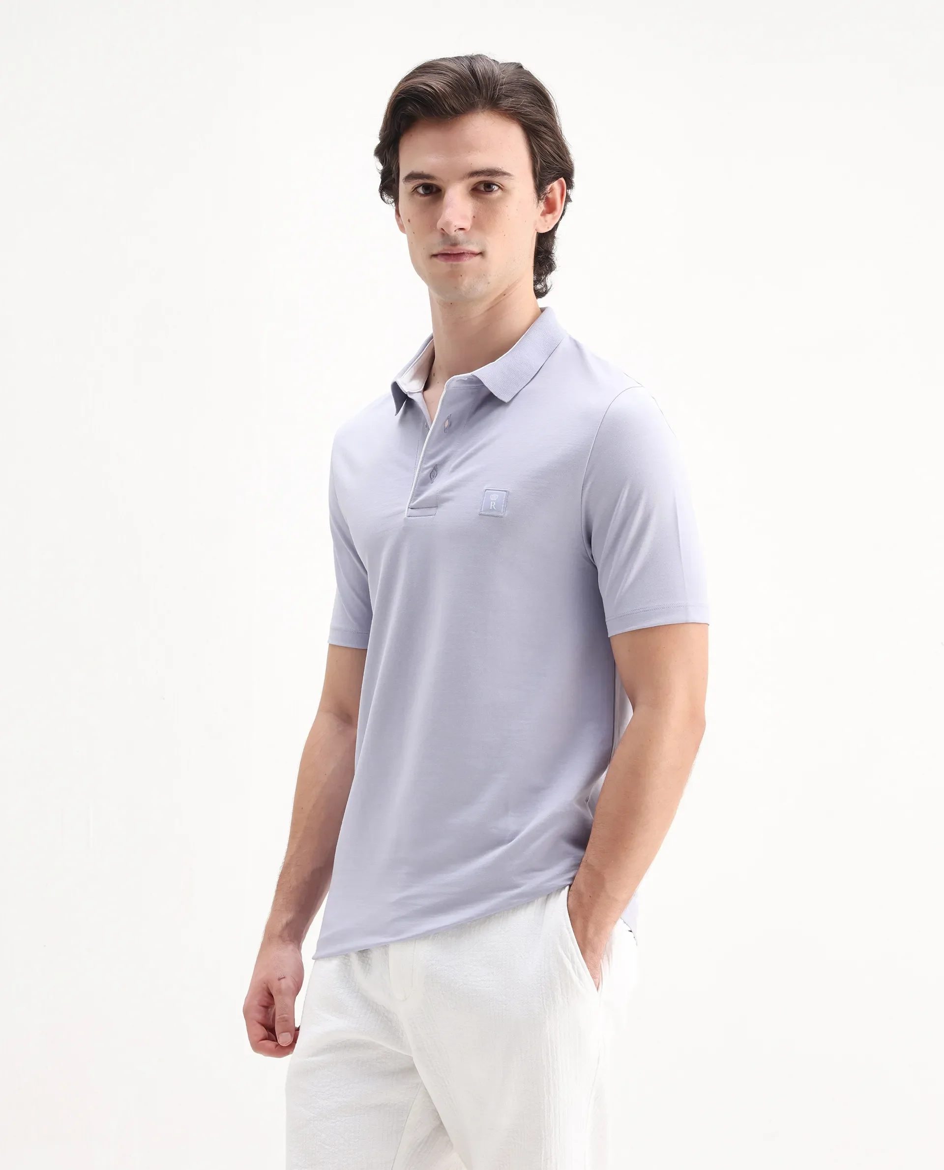 Rare Rabbit Men's Maq Pastel Purple Cotton Plain Regular Fit Half Sleeve Polo - Image 5