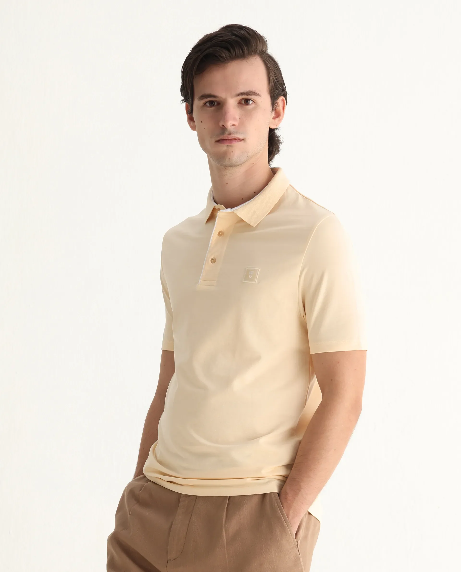 Rare Rabbit Men's Maq Pastel Yellow Cotton Plain Regular Fit Half Sleeve Polo - Image 5