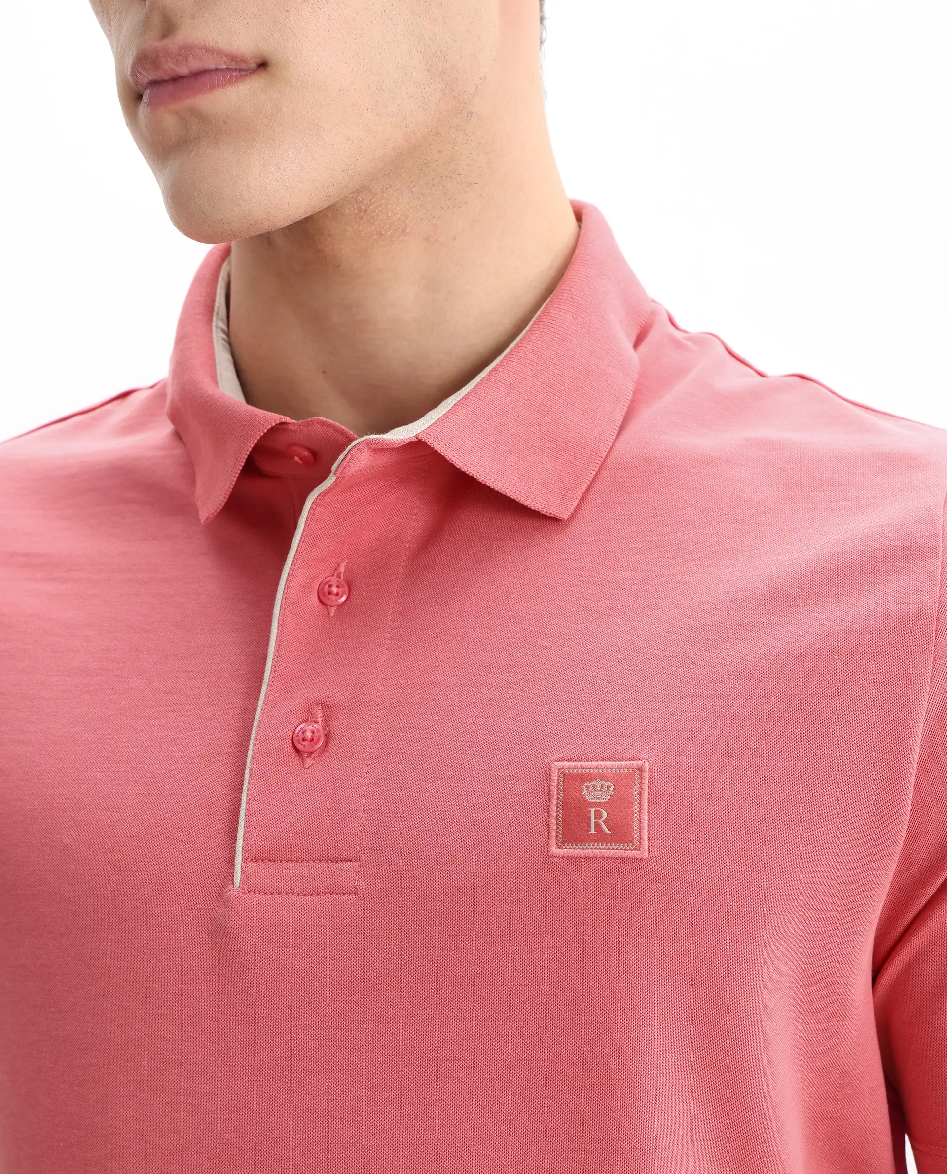 Rare Rabbit Men's Maq Pink Cotton Plain Regular Fit Half Sleeve Polo - Image 3