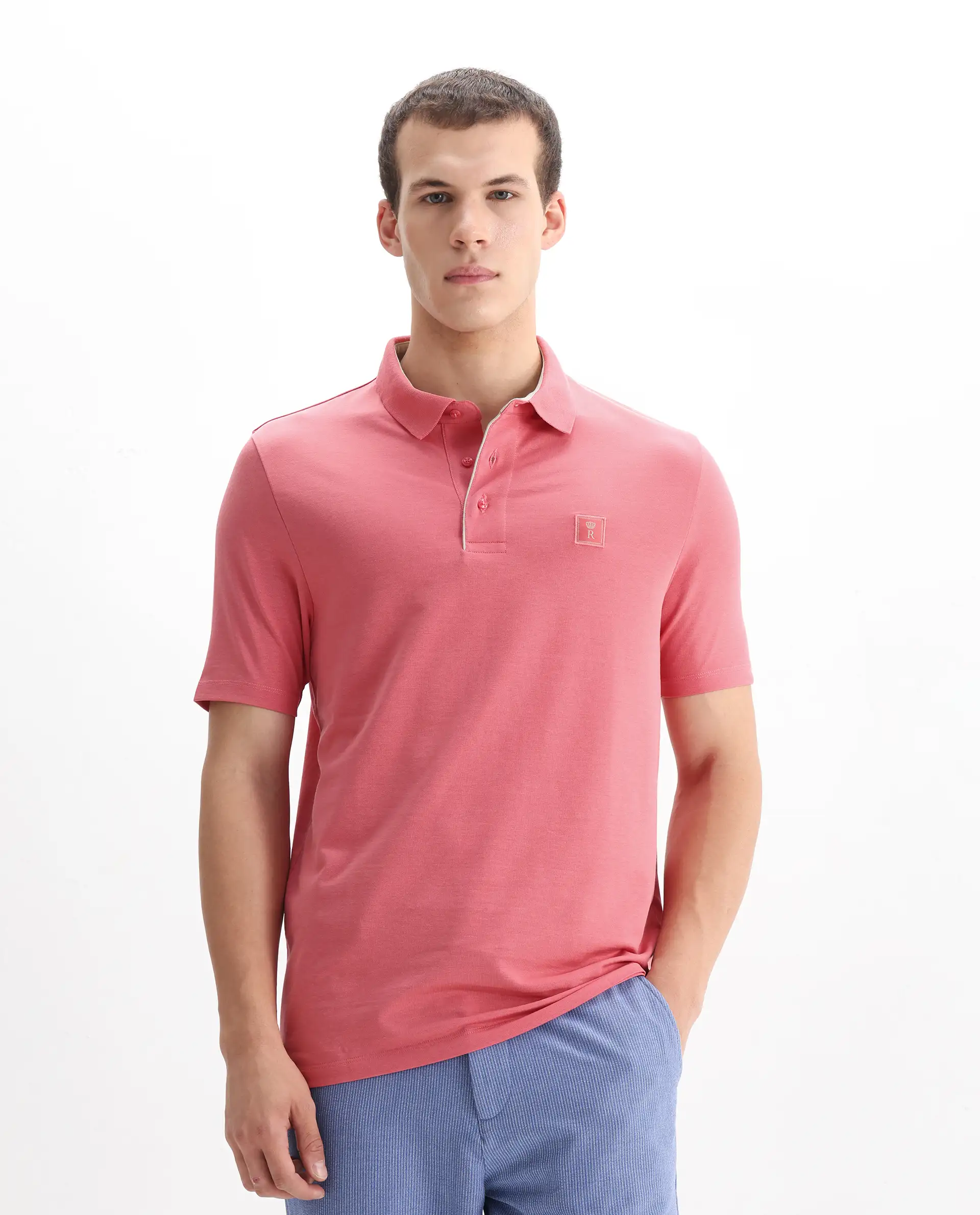 Rare Rabbit Men's Maq Pink Cotton Plain Regular Fit Half Sleeve Polo - Image 4