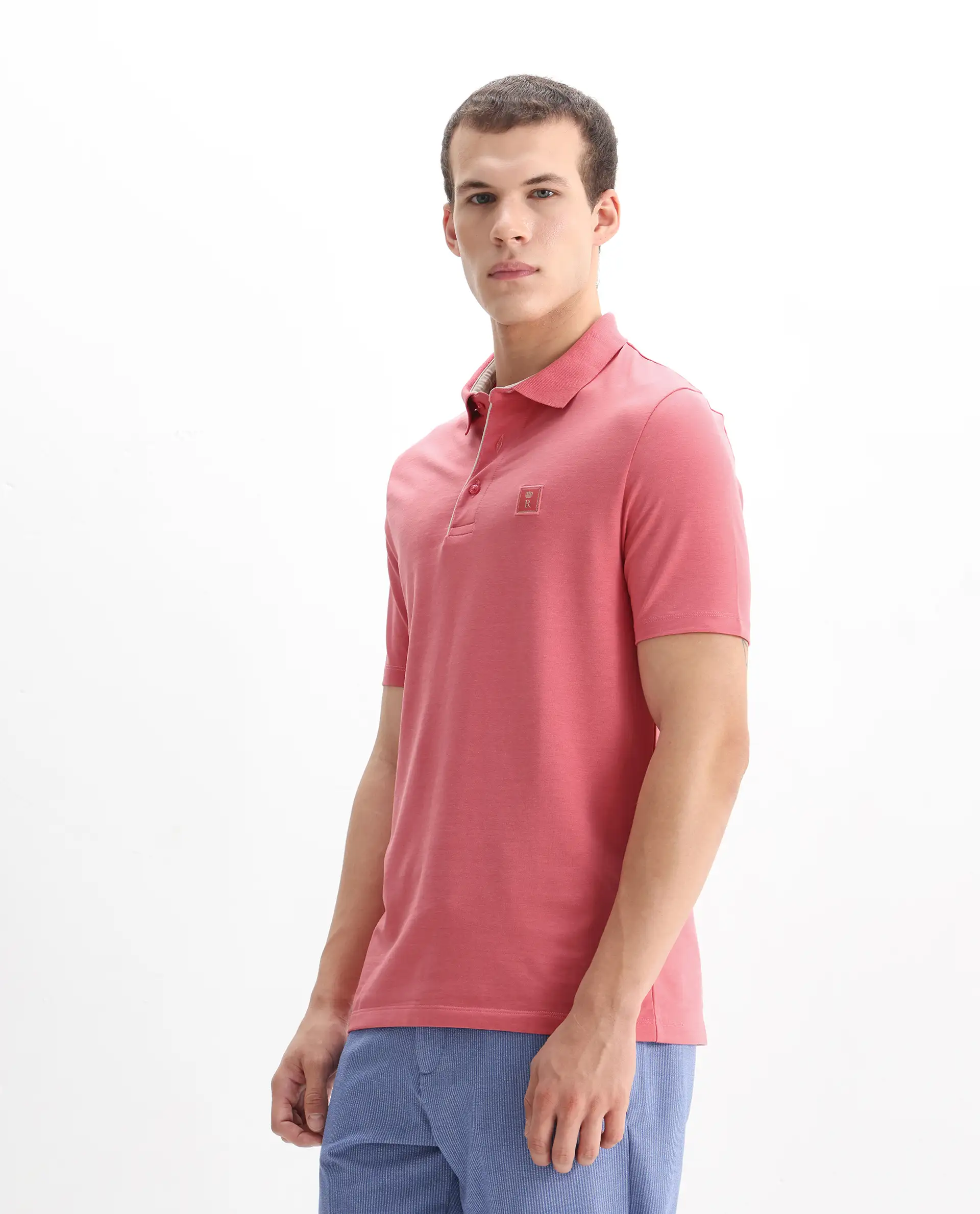 Rare Rabbit Men's Maq Pink Cotton Plain Regular Fit Half Sleeve Polo - Image 5