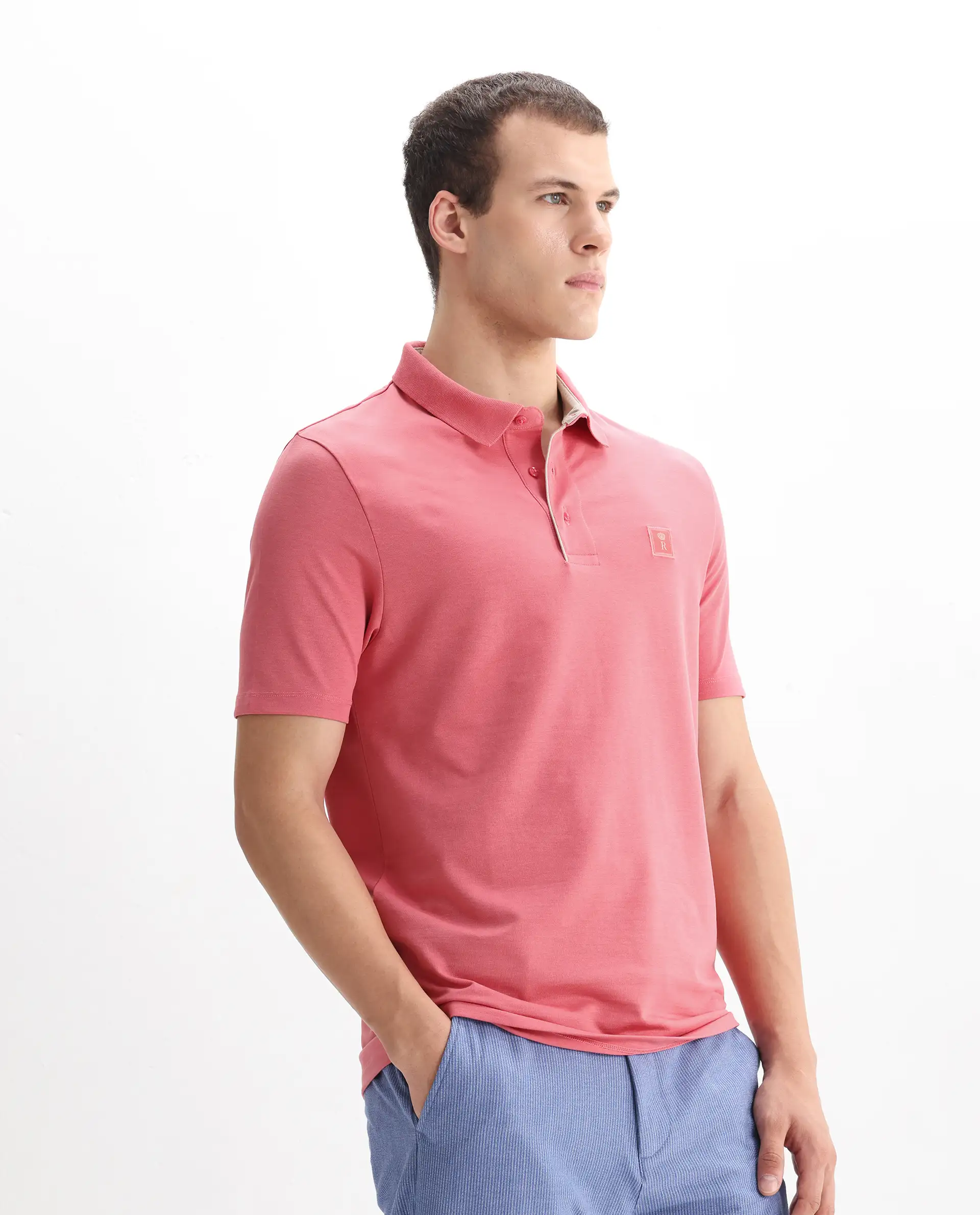 Rare Rabbit Men's Maq Pink Cotton Plain Regular Fit Half Sleeve Polo - Image 6