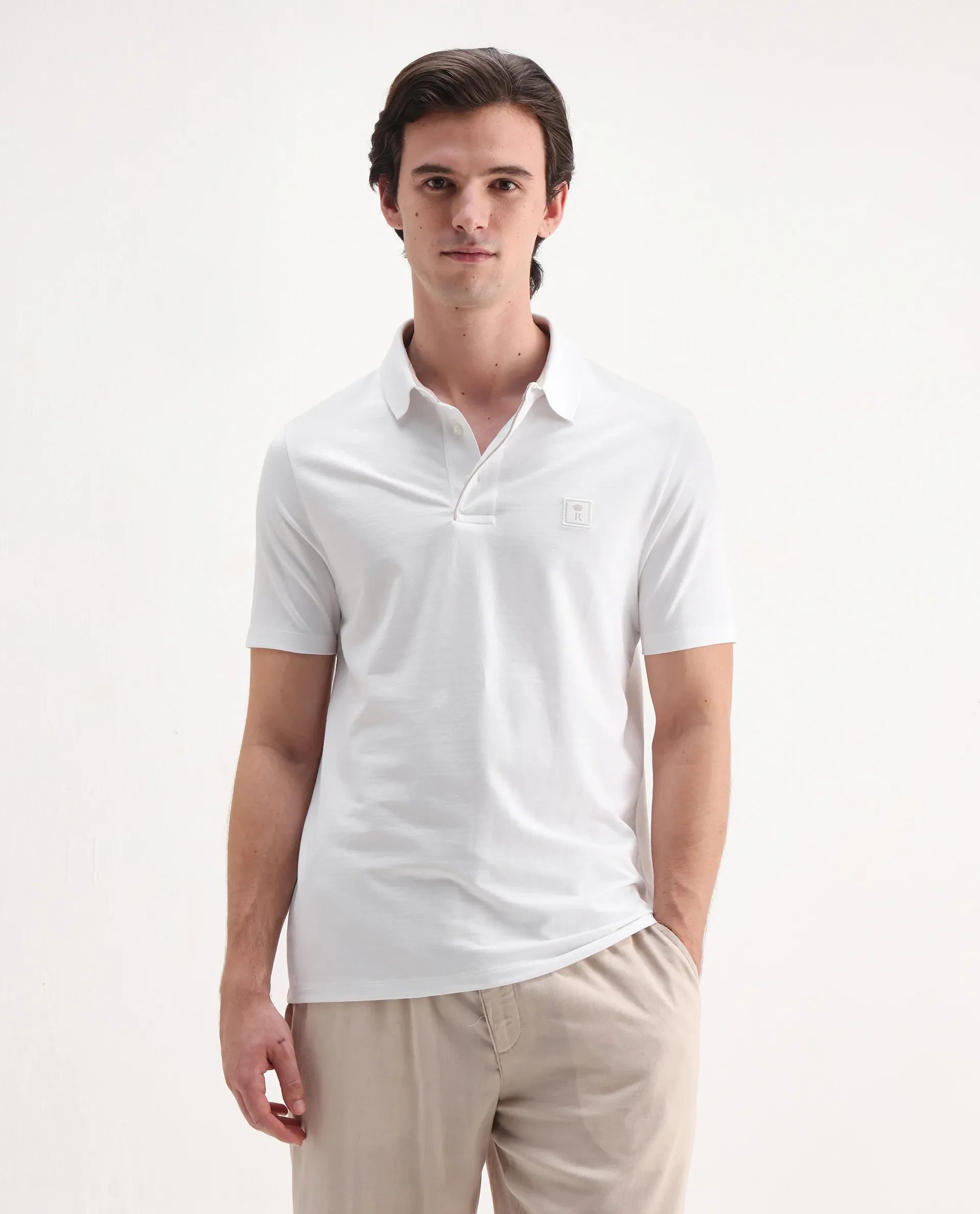 Rare Rabbit Men's Maq White Cotton Plain Regular Fit Half Sleeve Polo - Image 6