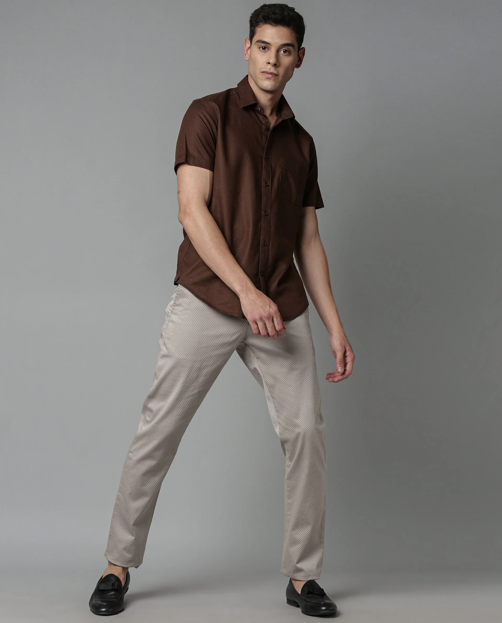 Rare Rabbit Men's Maral R Brown Cotton Plain Regular Fit Half Sleeve Spread Collar Shirt - Image 2