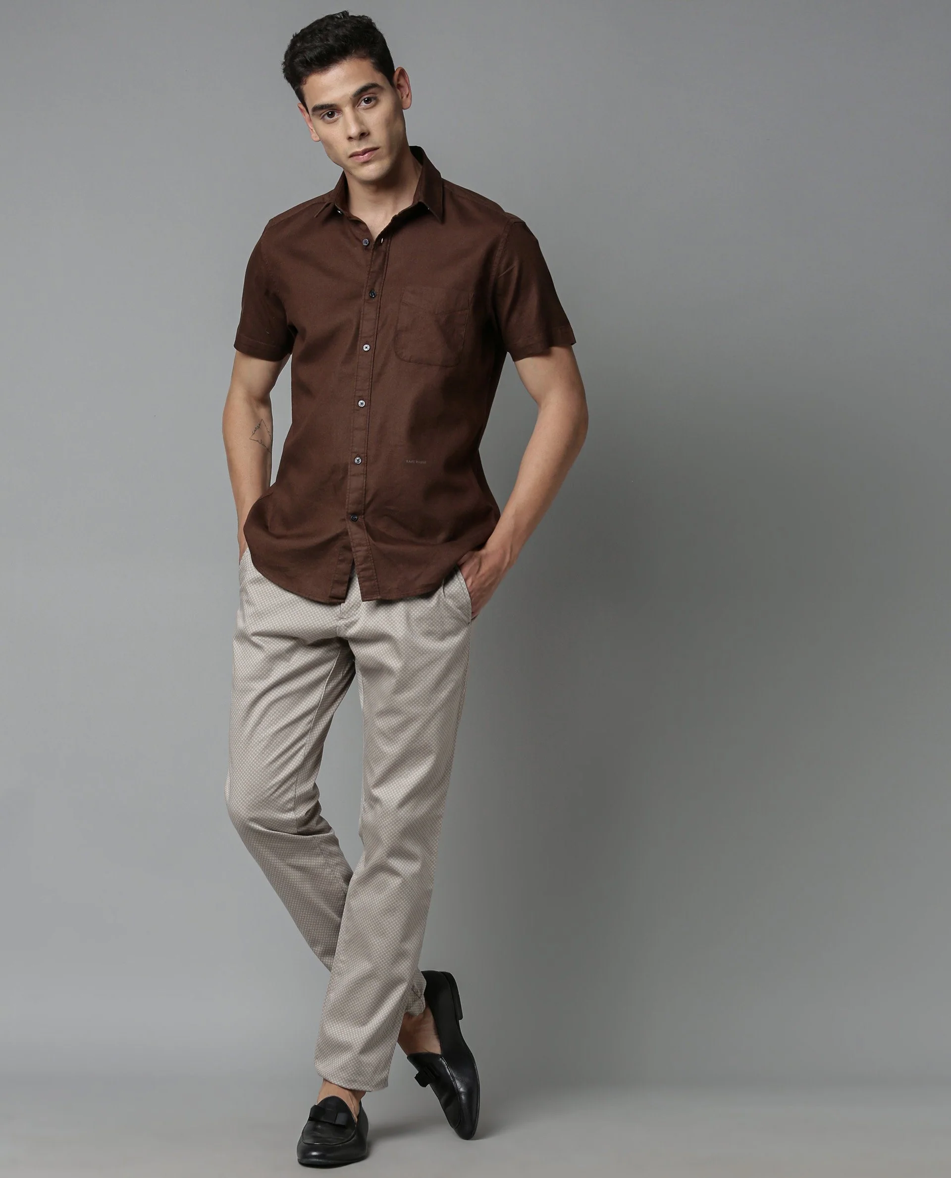 Rare Rabbit Men's Maral R Brown Cotton Plain Regular Fit Half Sleeve Spread Collar Shirt - Image 3