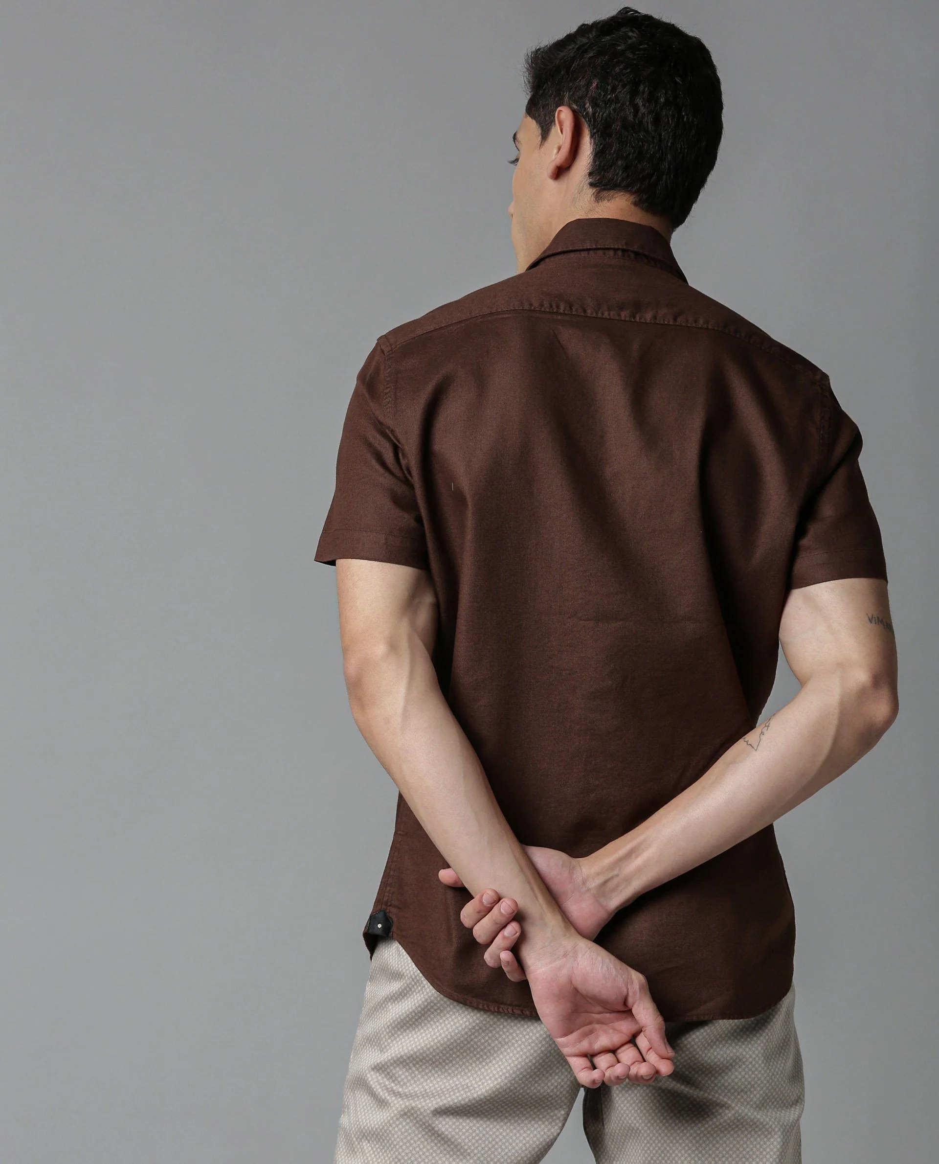 Rare Rabbit Men's Maral R Brown Cotton Plain Regular Fit Half Sleeve Spread Collar Shirt - Image 4