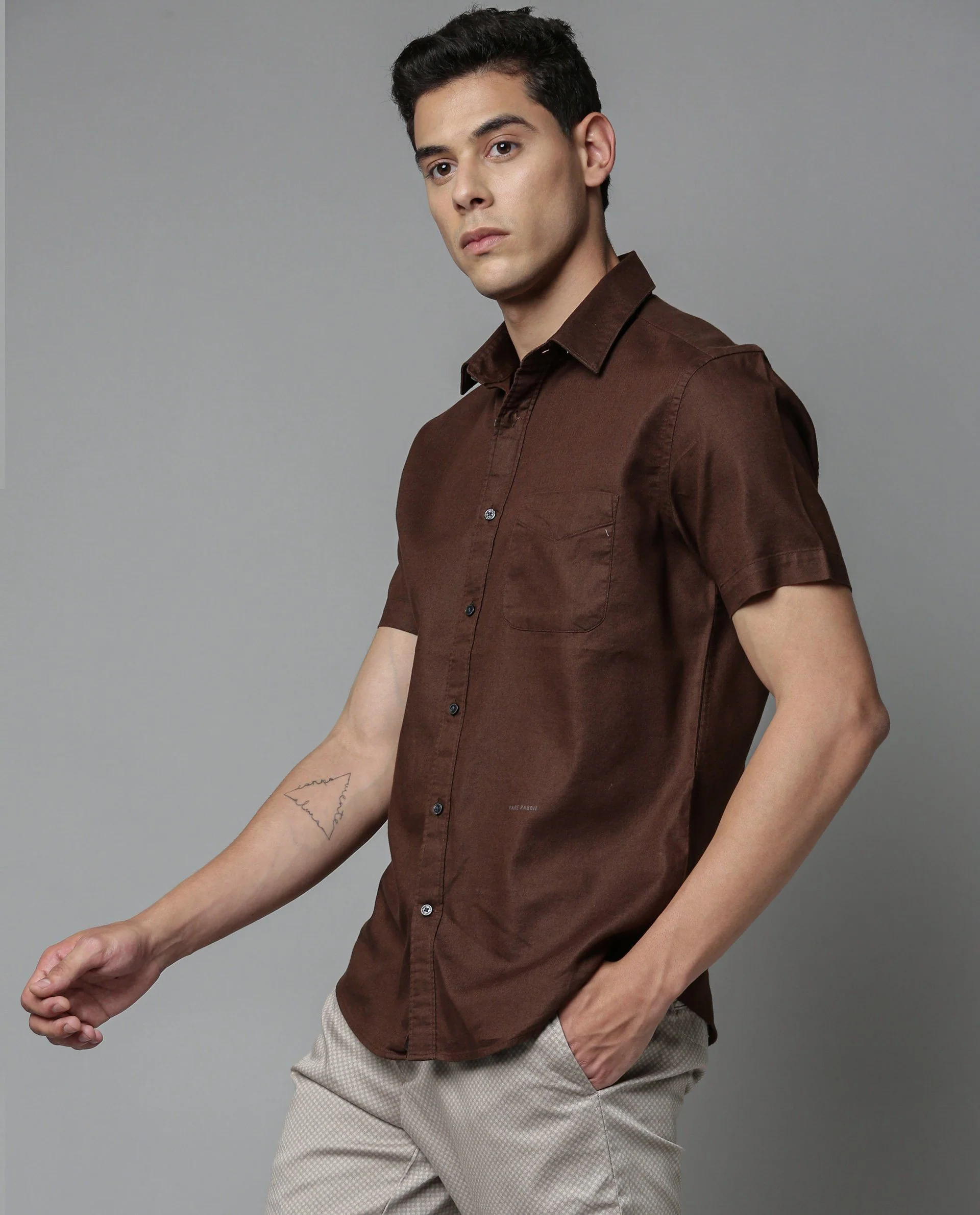 Rare Rabbit Men's Maral R Brown Cotton Plain Regular Fit Half Sleeve Spread Collar Shirt - Image 5