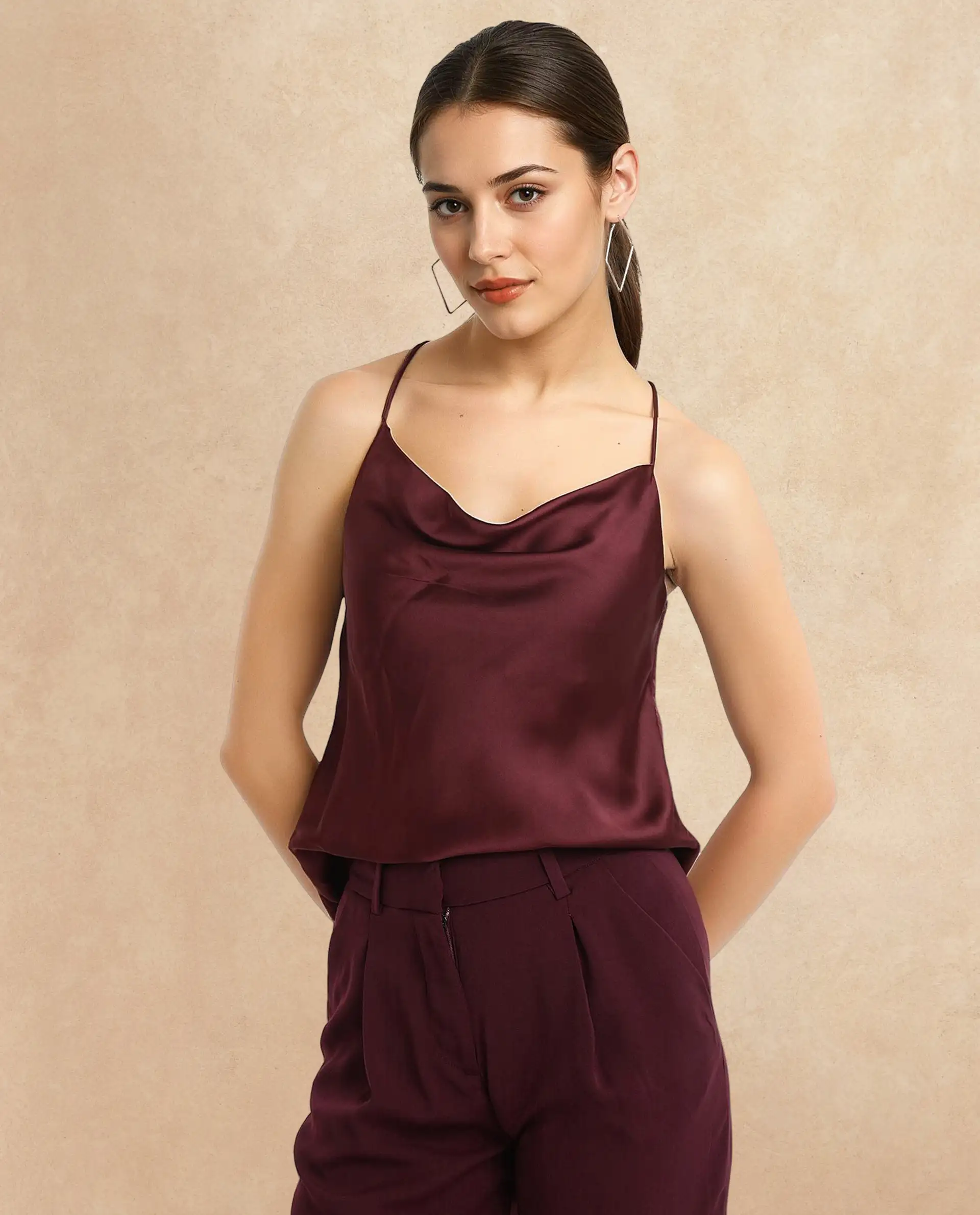 Rareism Women's Marano Maroon Polyester Cowl Neck Plain Shoulder Strap Regular Fit Top - Image 3