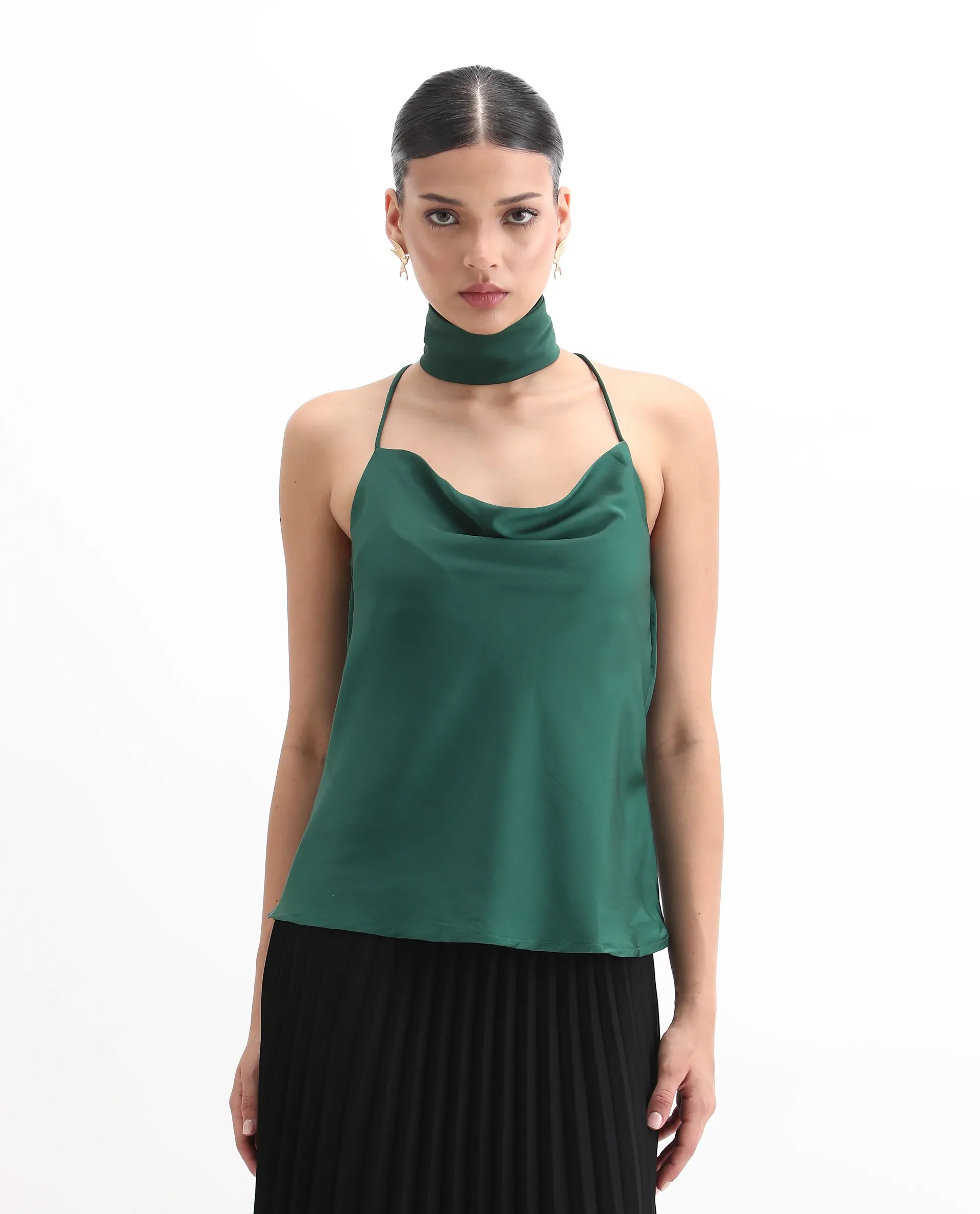 Rareism Women's Marano Olive Polyester Cowl Neck Plain Shoulder Strap Regular Fit Top - Image 3