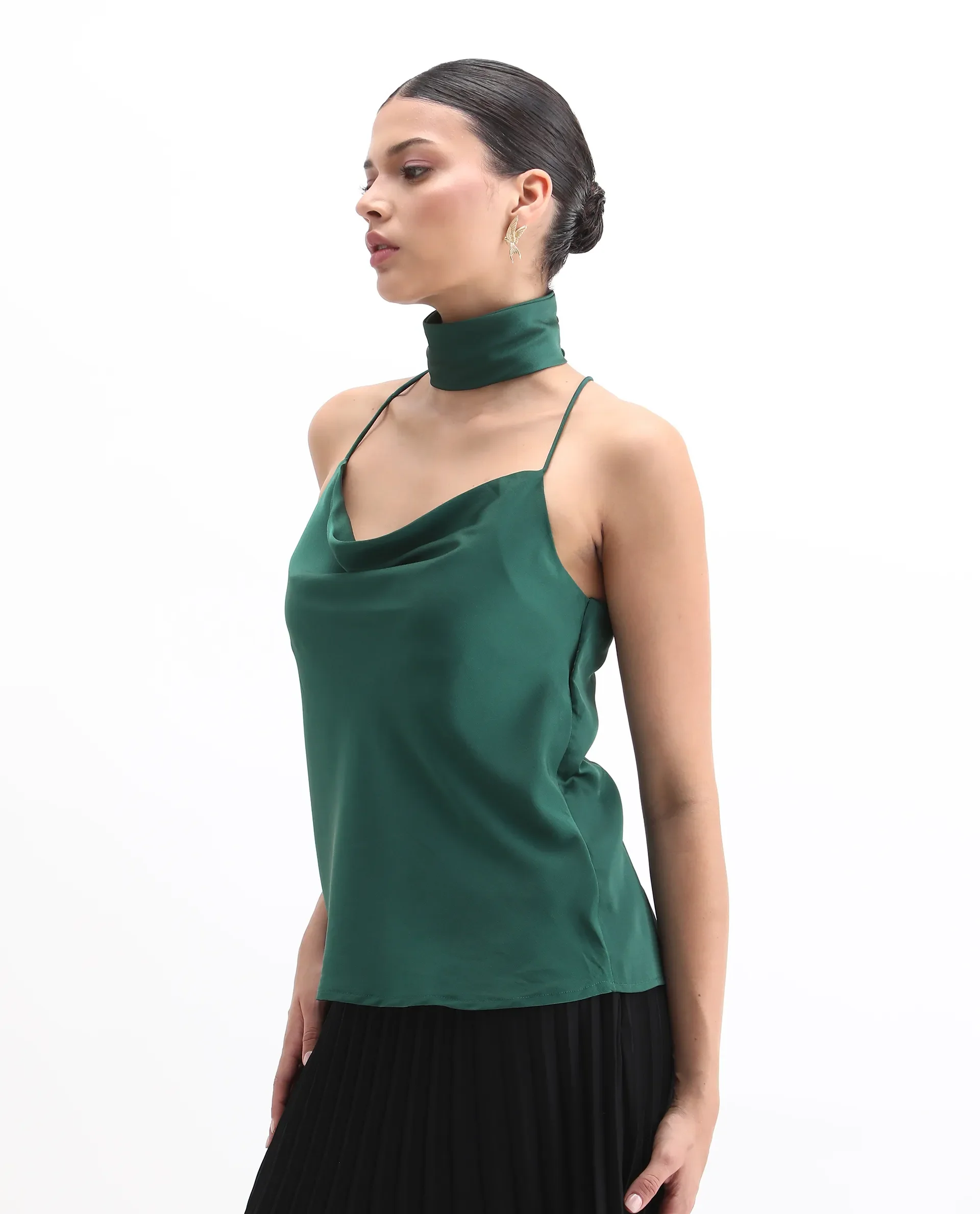 Rareism Women's Marano Olive Polyester Cowl Neck Plain Shoulder Strap Regular Fit Top - Image 6