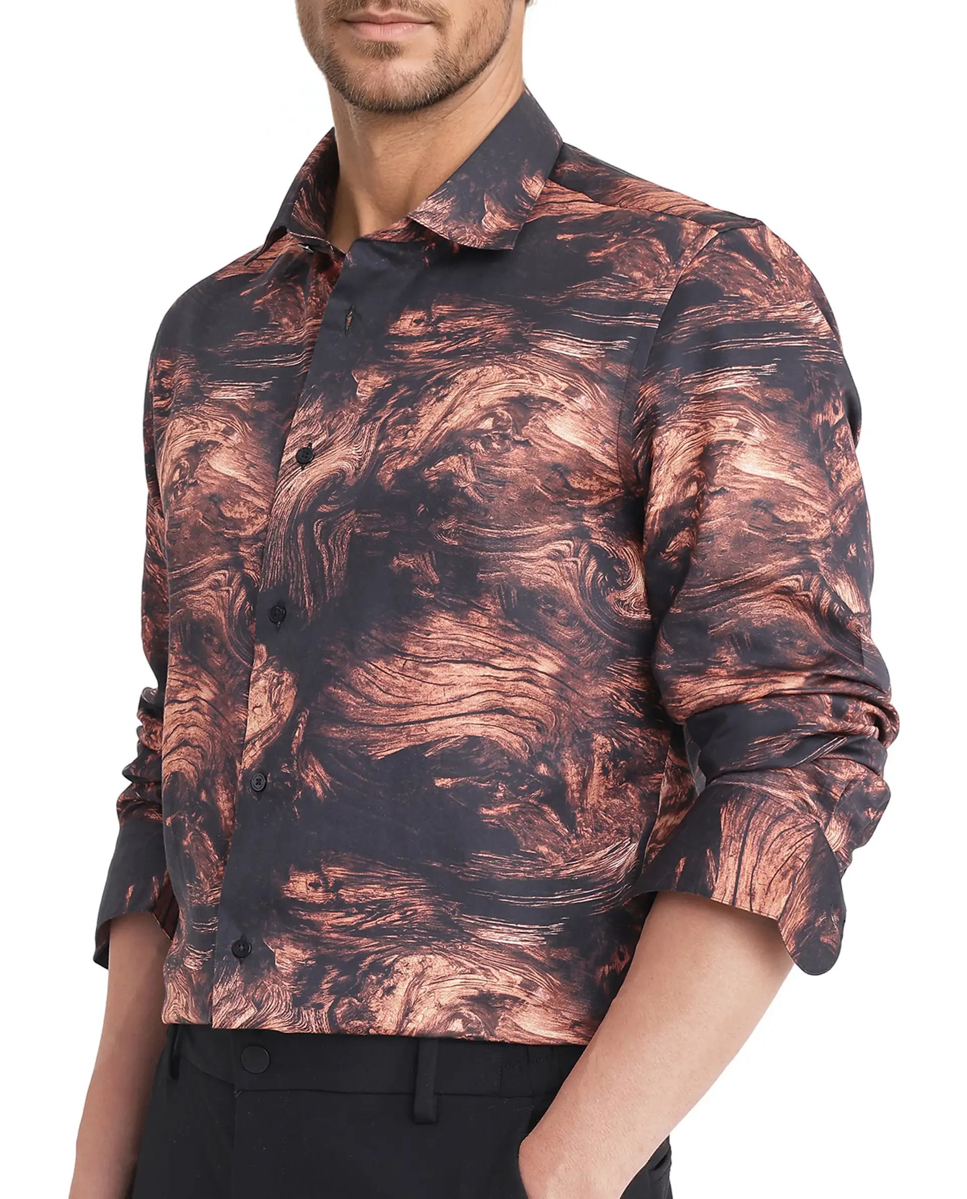 Rare Rabbit Men's Marb Black Cotton Blend Abstract Print Relaxed Fit Full Sleeve Collared Shirt - Image 4