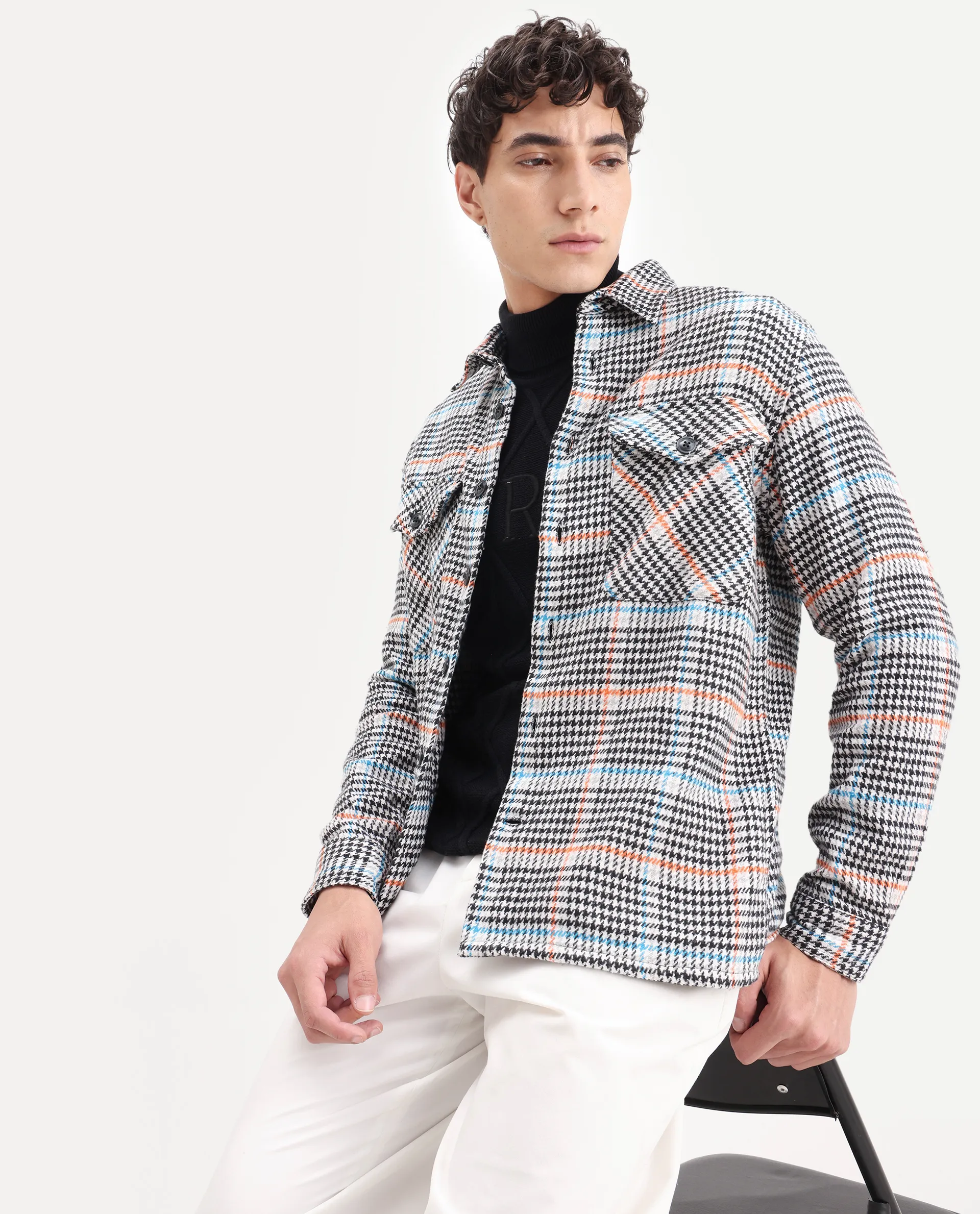 Rare Rabbit Men's Marcella Black Cotton Checked Print Relaxed Fit Full Sleeve Collared Shacket