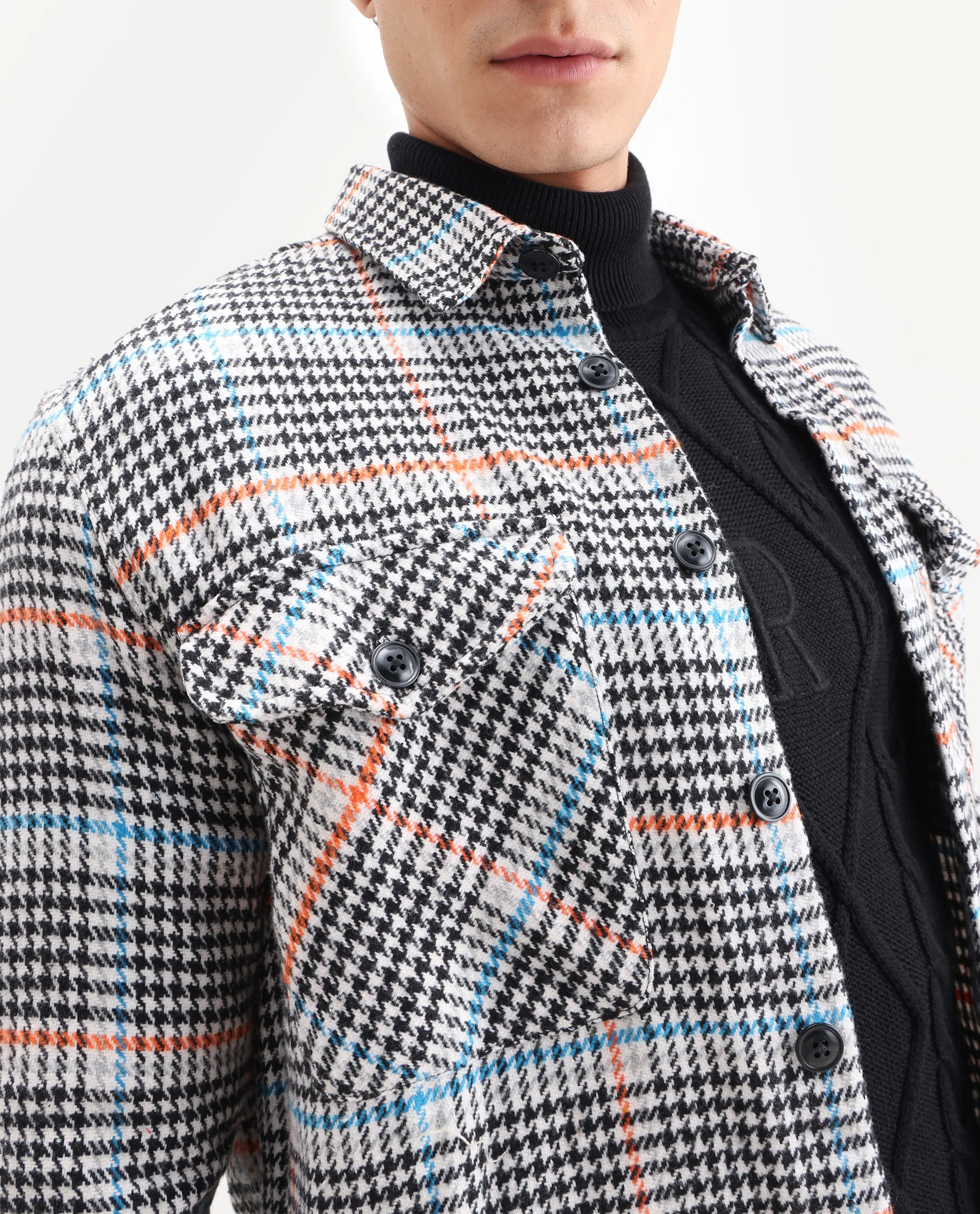 Rare Rabbit Men's Marcella Black Cotton Checked Print Relaxed Fit Full Sleeve Collared Shacket - Image 3