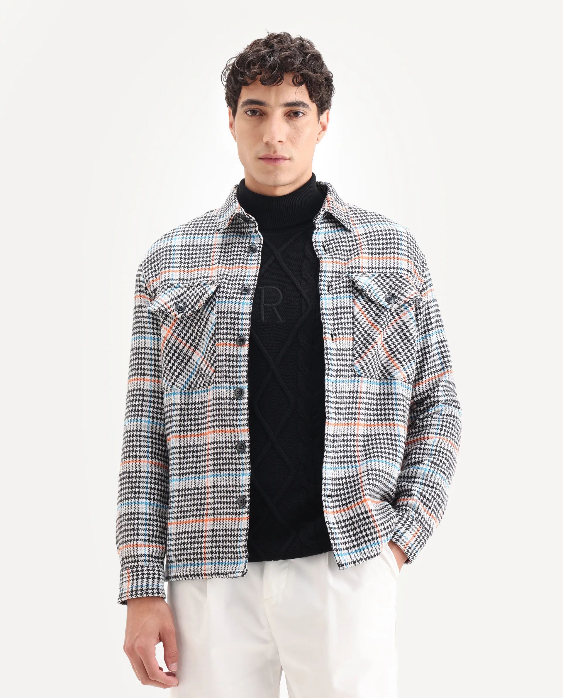 Rare Rabbit Men's Marcella Black Cotton Checked Print Relaxed Fit Full Sleeve Collared Shacket - Image 4