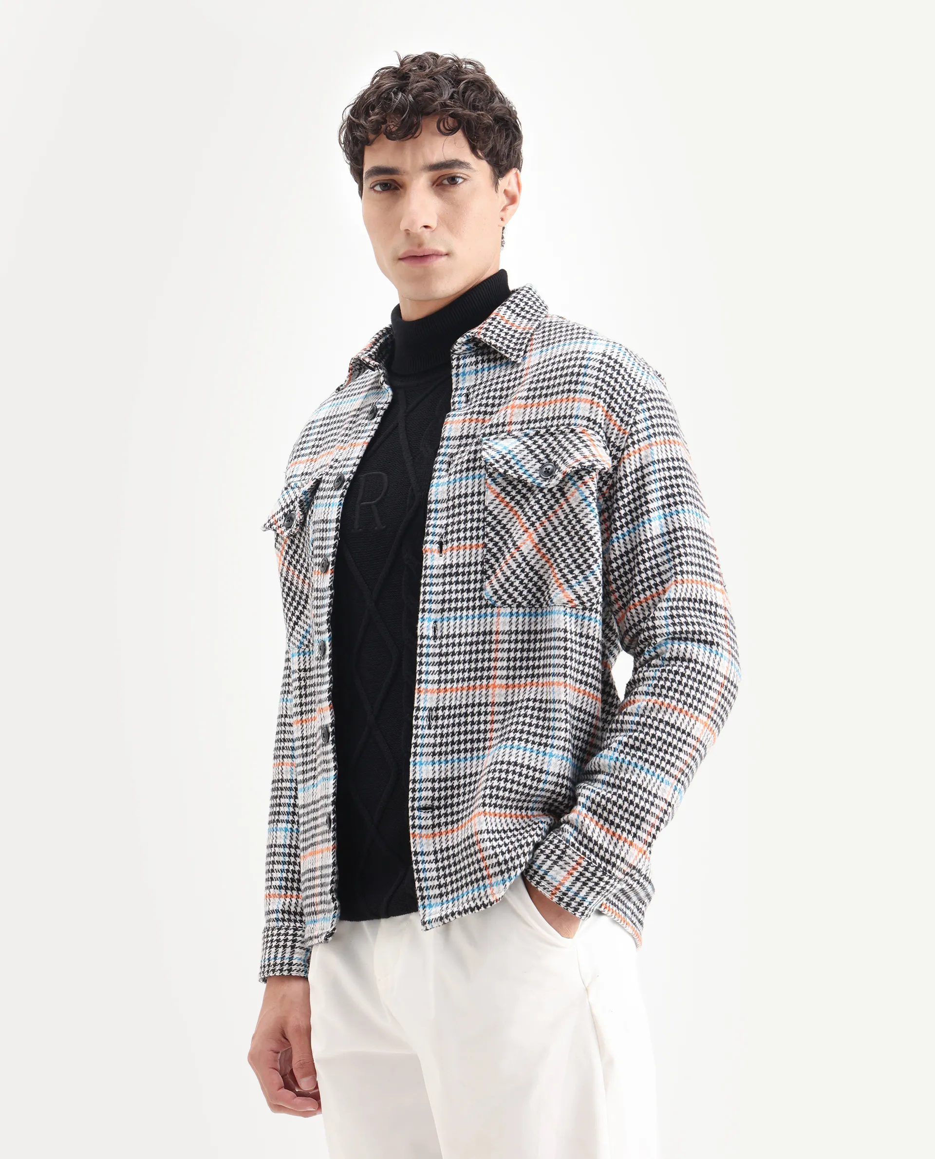 Rare Rabbit Men's Marcella Black Cotton Checked Print Relaxed Fit Full Sleeve Collared Shacket - Image 5