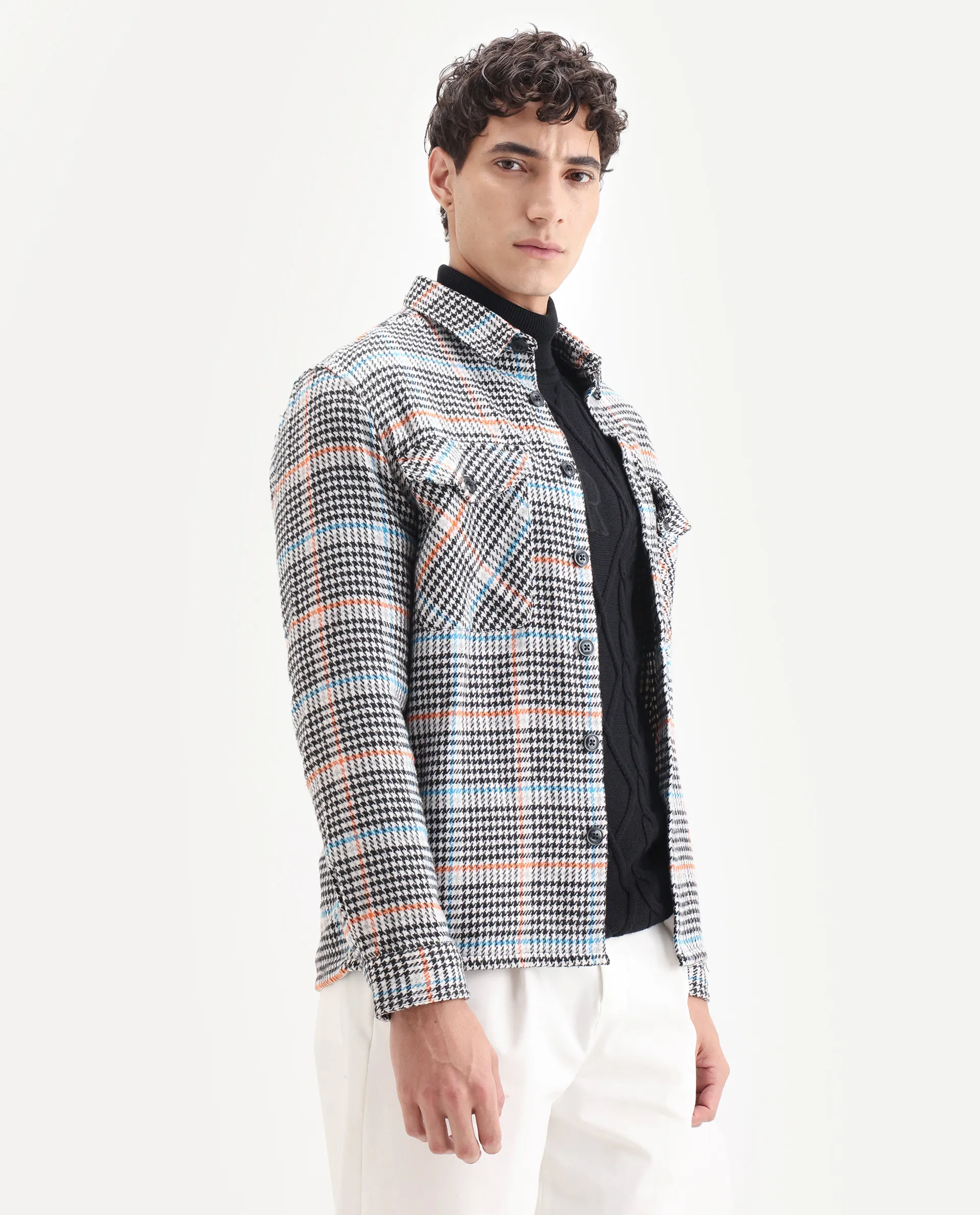 Rare Rabbit Men's Marcella Black Cotton Checked Print Relaxed Fit Full Sleeve Collared Shacket - Image 6
