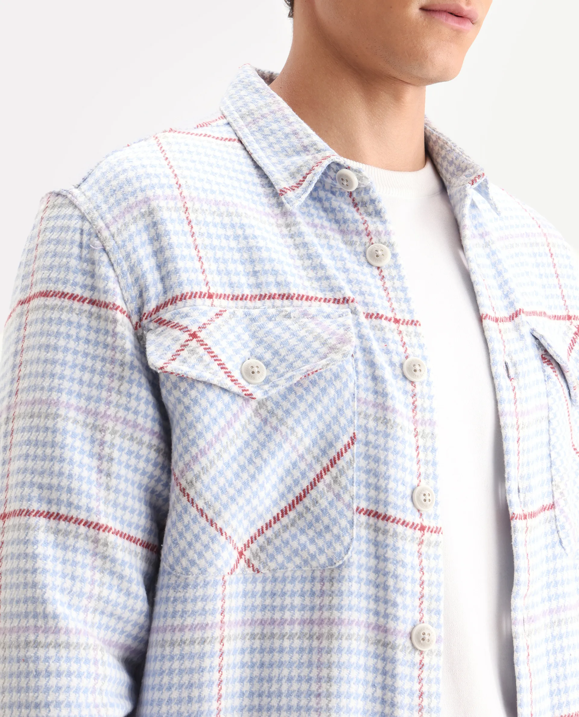 Rare Rabbit Men's Marcella Light Blue Cotton Checked Print Relaxed Fit Full Sleeve Collared Shacket - Image 3