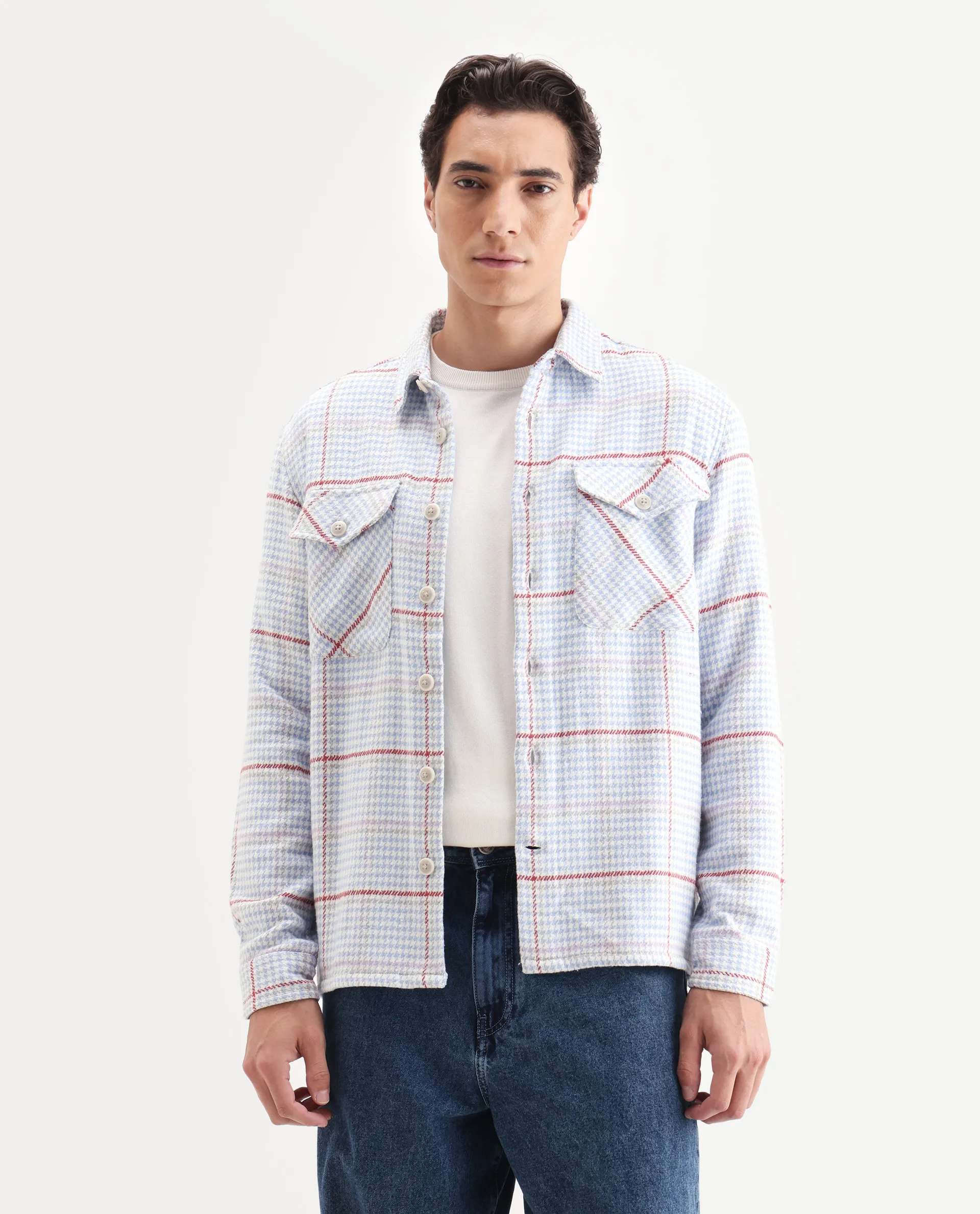 Rare Rabbit Men's Marcella Light Blue Cotton Checked Print Relaxed Fit Full Sleeve Collared Shacket - Image 4