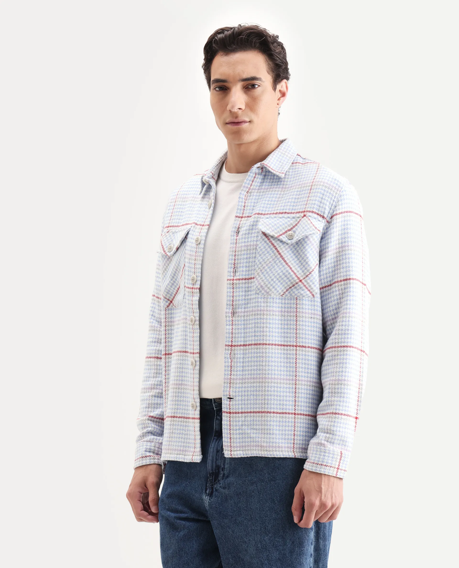 Rare Rabbit Men's Marcella Light Blue Cotton Checked Print Relaxed Fit Full Sleeve Collared Shacket - Image 5