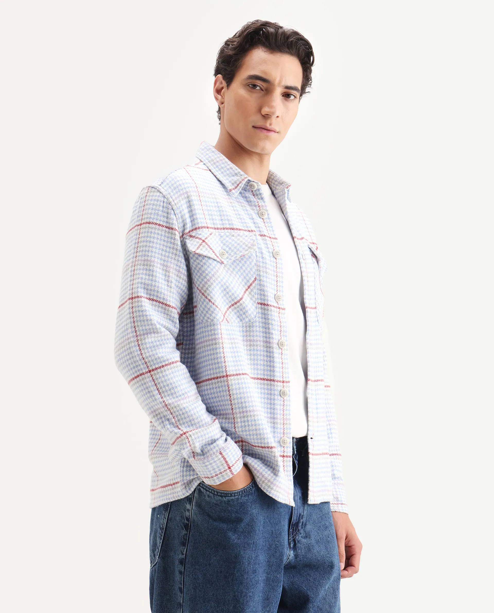 Rare Rabbit Men's Marcella Light Blue Cotton Checked Print Relaxed Fit Full Sleeve Collared Shacket - Image 6