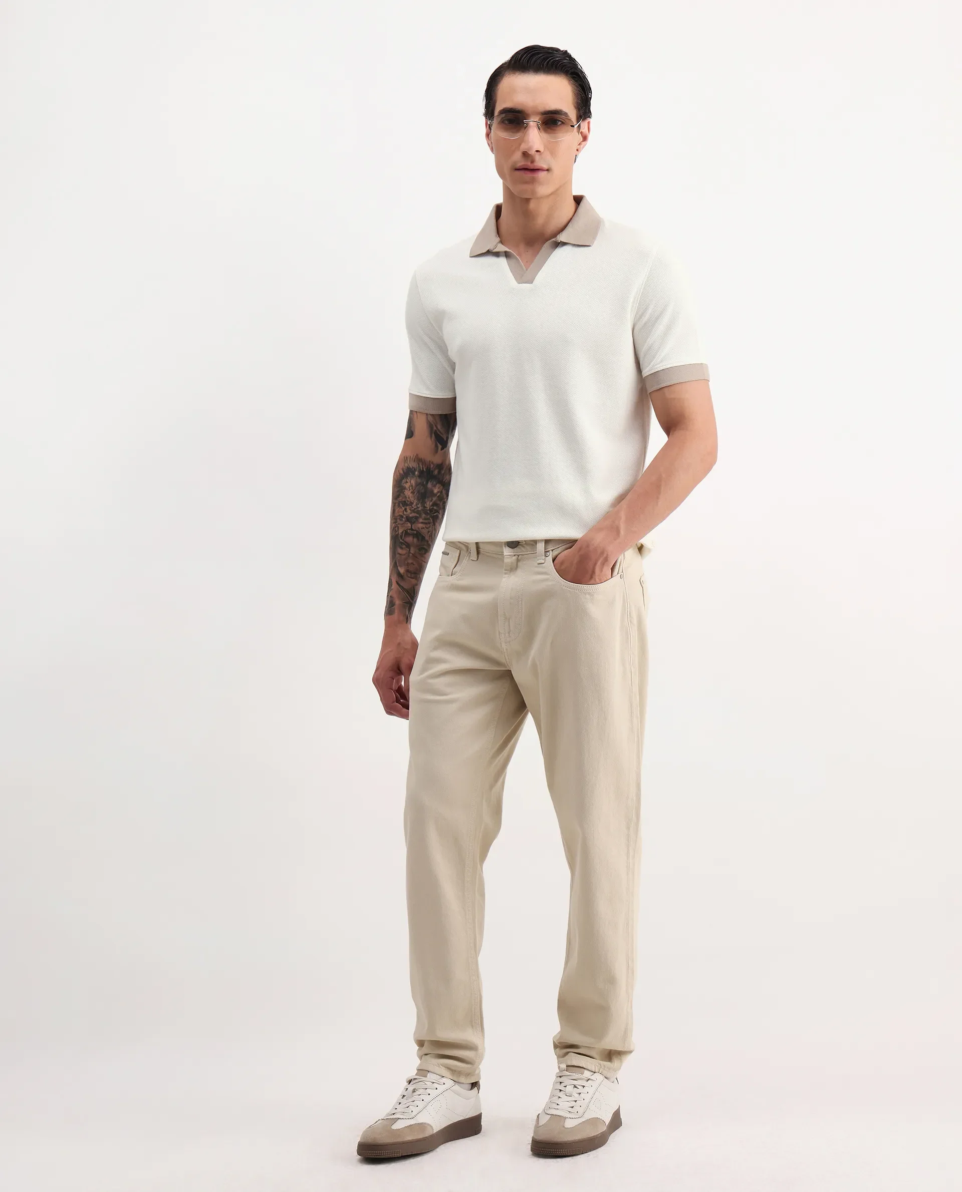 Rare Rabbit Men's Marcelo-1 Off White Cotton Blend Plain Regular Fit Half Sleeve Polo - Image 2