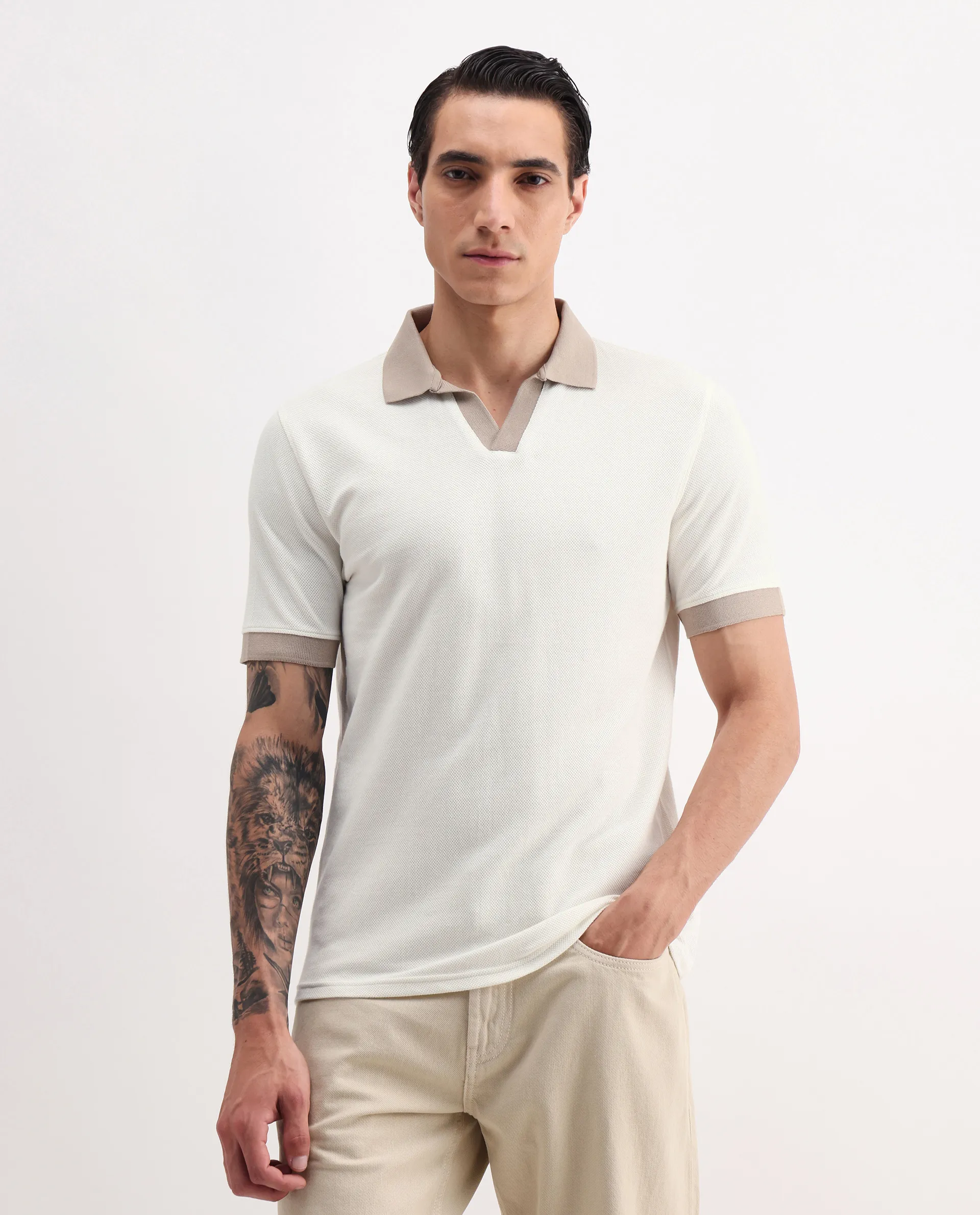 Rare Rabbit Men's Marcelo-1 Off White Cotton Blend Plain Regular Fit Half Sleeve Polo - Image 4