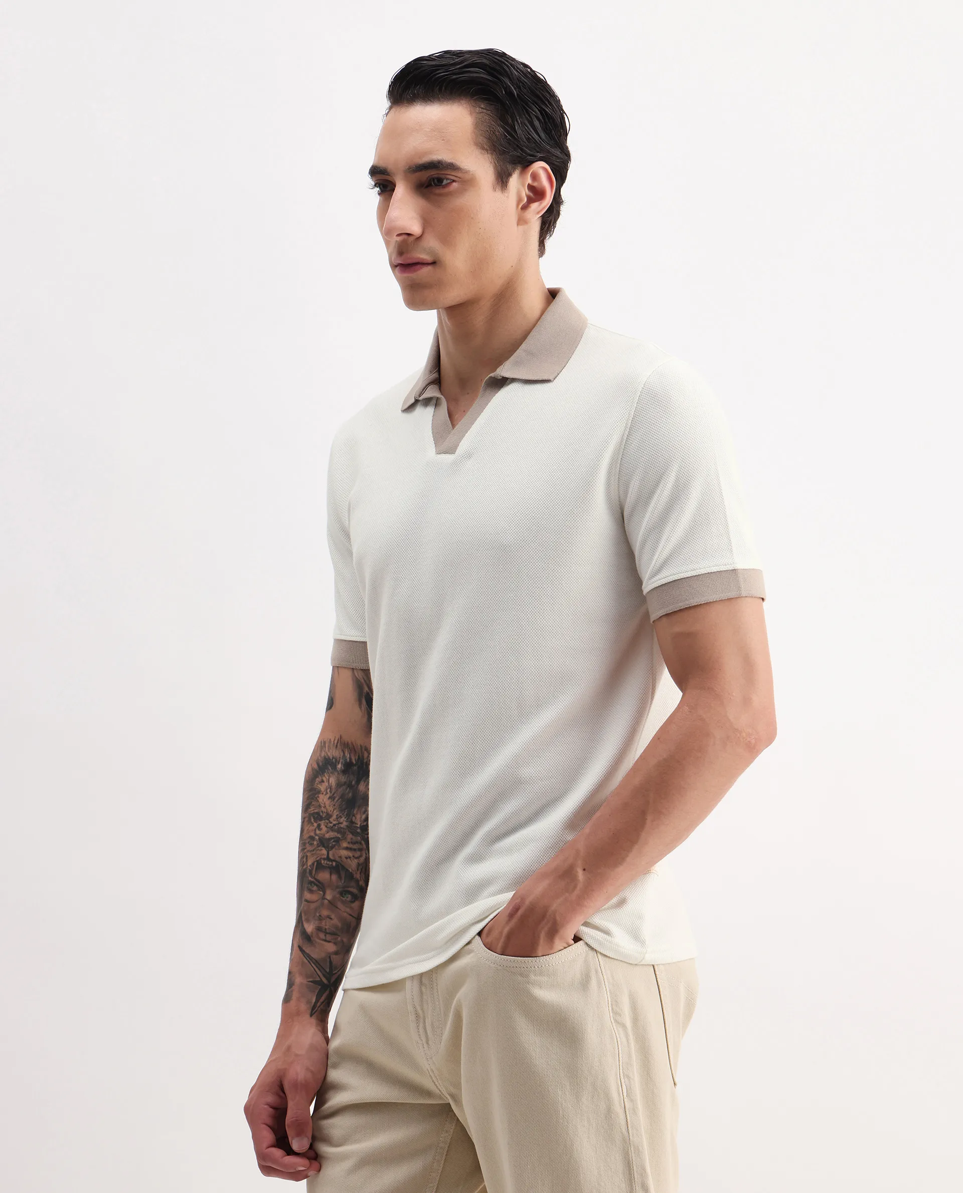 Rare Rabbit Men's Marcelo-1 Off White Cotton Blend Plain Regular Fit Half Sleeve Polo - Image 5
